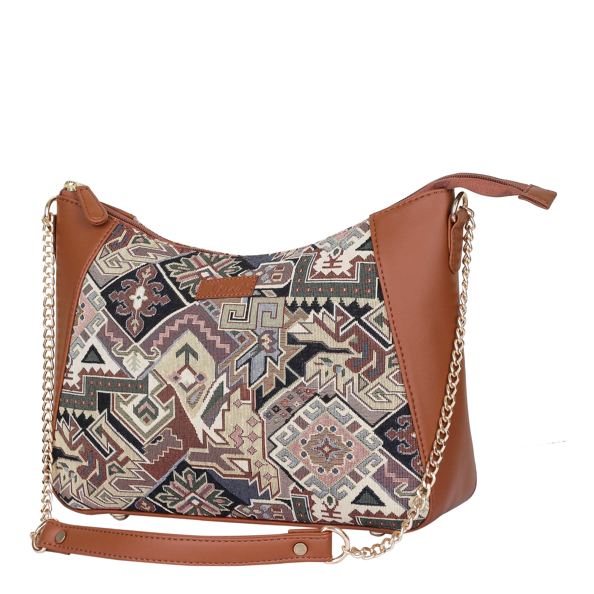 Ladies’ Geometric Tapestry Hobo Shoulder Bag – Vegan Leather Tote Purse with Chain Strap & Top Handle for Everyday Carry