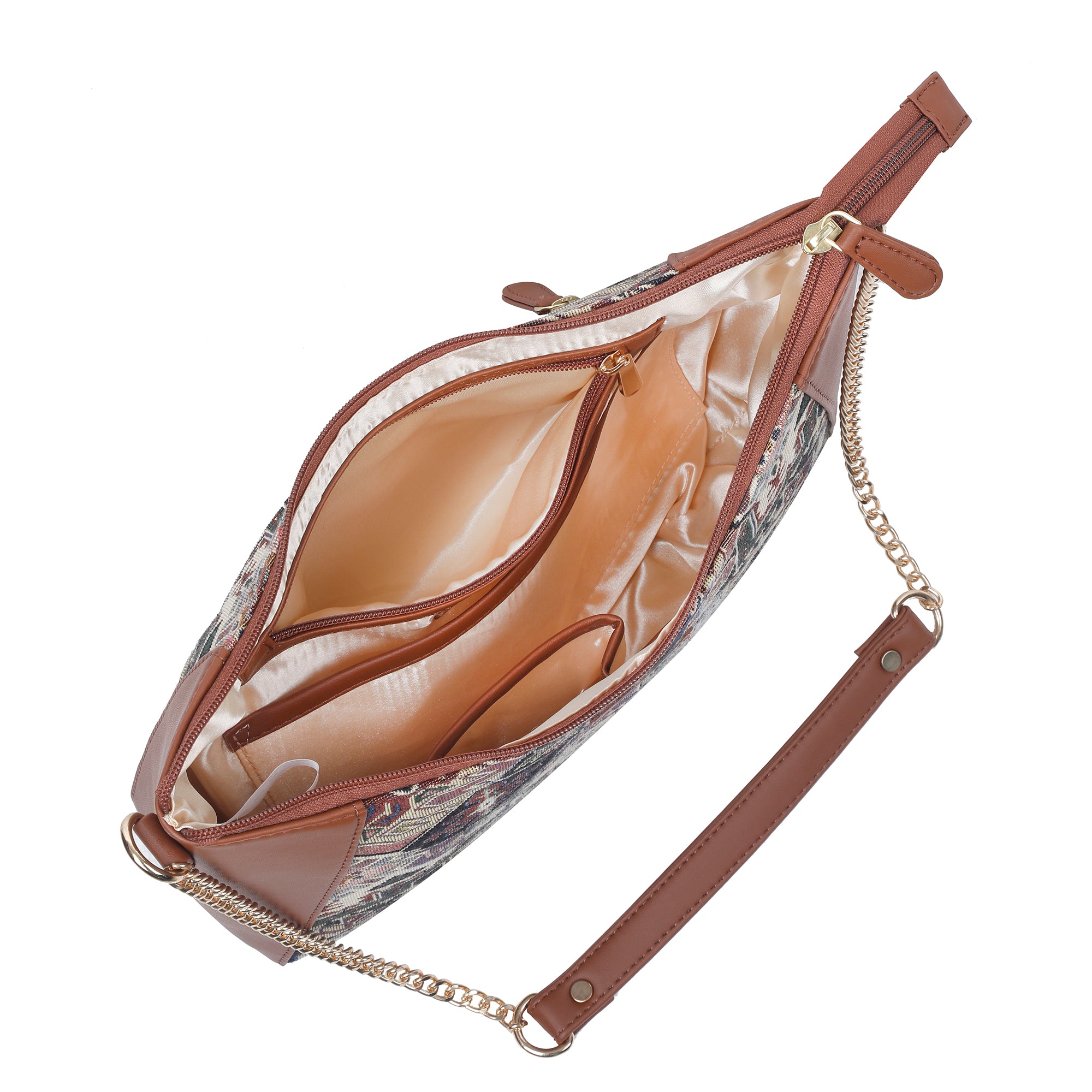 Ladies’ Geometric Tapestry Hobo Shoulder Bag – Vegan Leather Tote Purse with Chain Strap & Top Handle for Everyday Carry