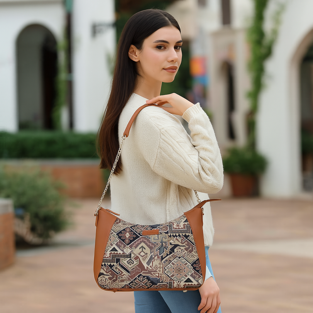 Ladies’ Geometric Tapestry Hobo Shoulder Bag – Vegan Leather Tote Purse with Chain Strap & Top Handle for Everyday Carry