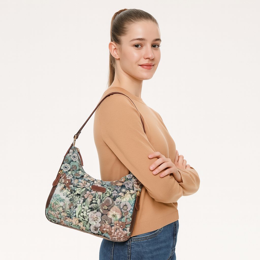 Sishka Botanical Design Tapestry  Fabric Hobo Bag For Women | Shoulder & Satchel Purse with Leather Trim and  Strap for Travel & Casual Use