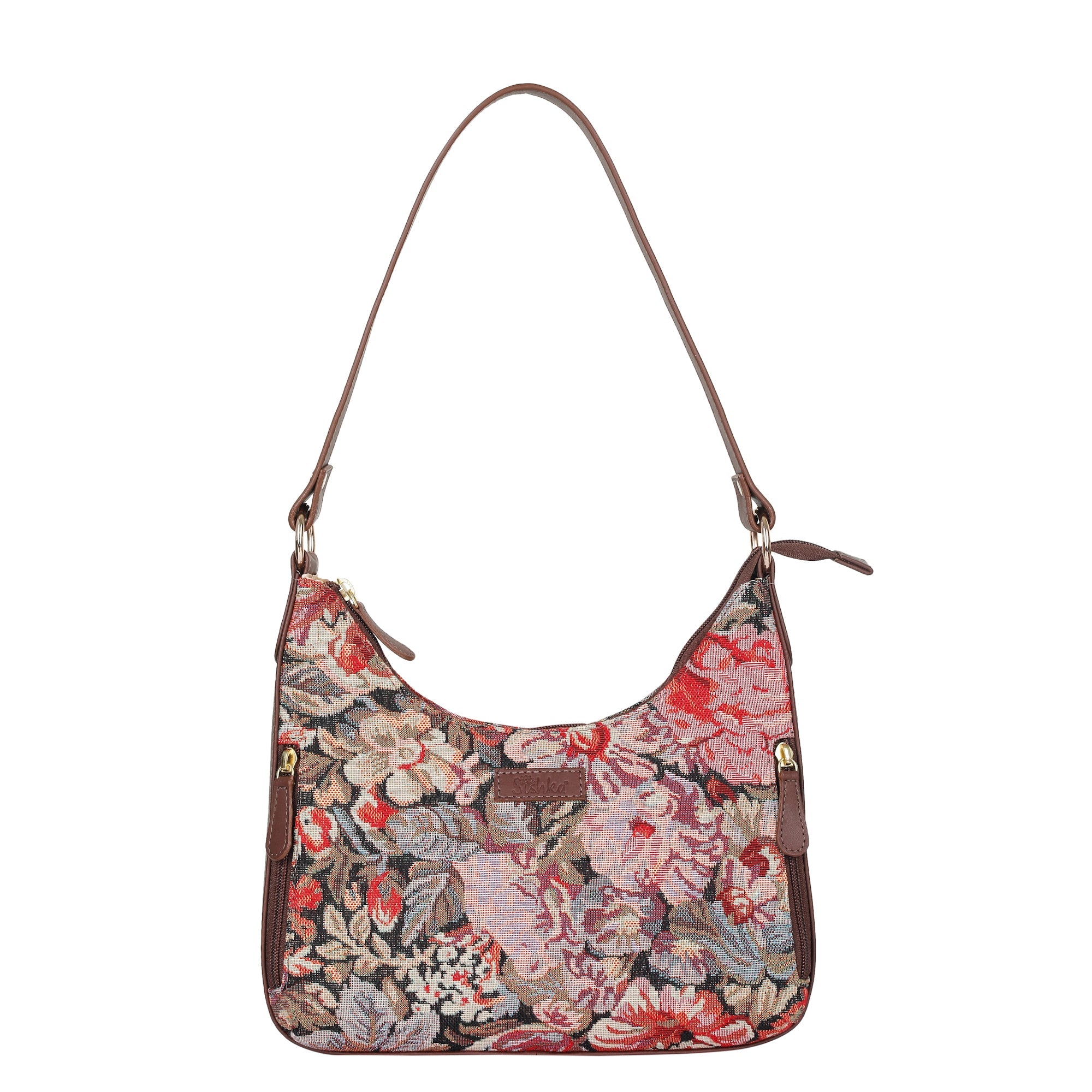 Sishka Ladies Hobo Bag in Floral Design Tapestry Fabric | Leather-Trimmed Shoulder Satchel with Leather Strap for Everyday Use