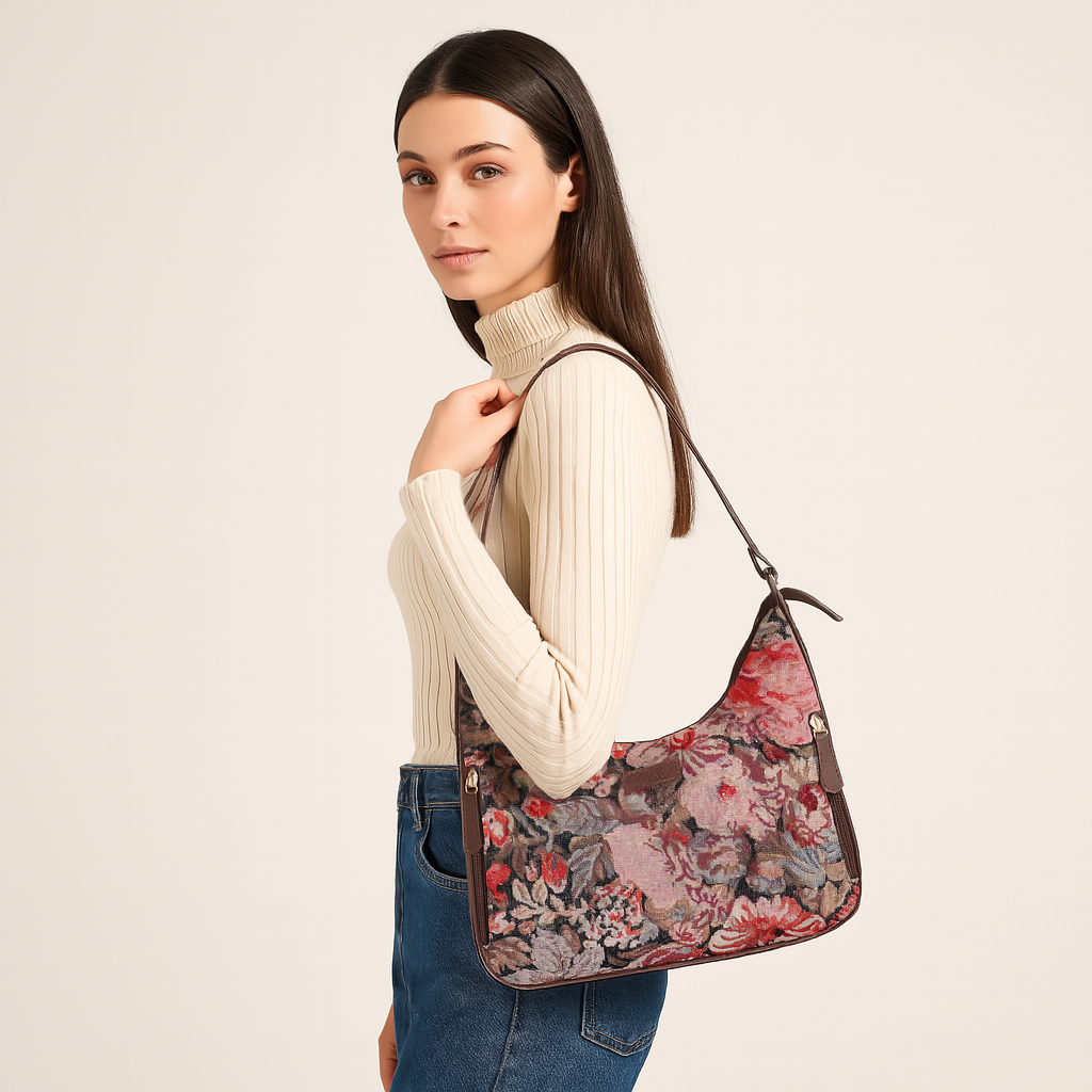 Sishka Ladies Hobo Bag in Floral Design Tapestry Fabric | Leather-Trimmed Shoulder Satchel with Leather Strap for Everyday Use