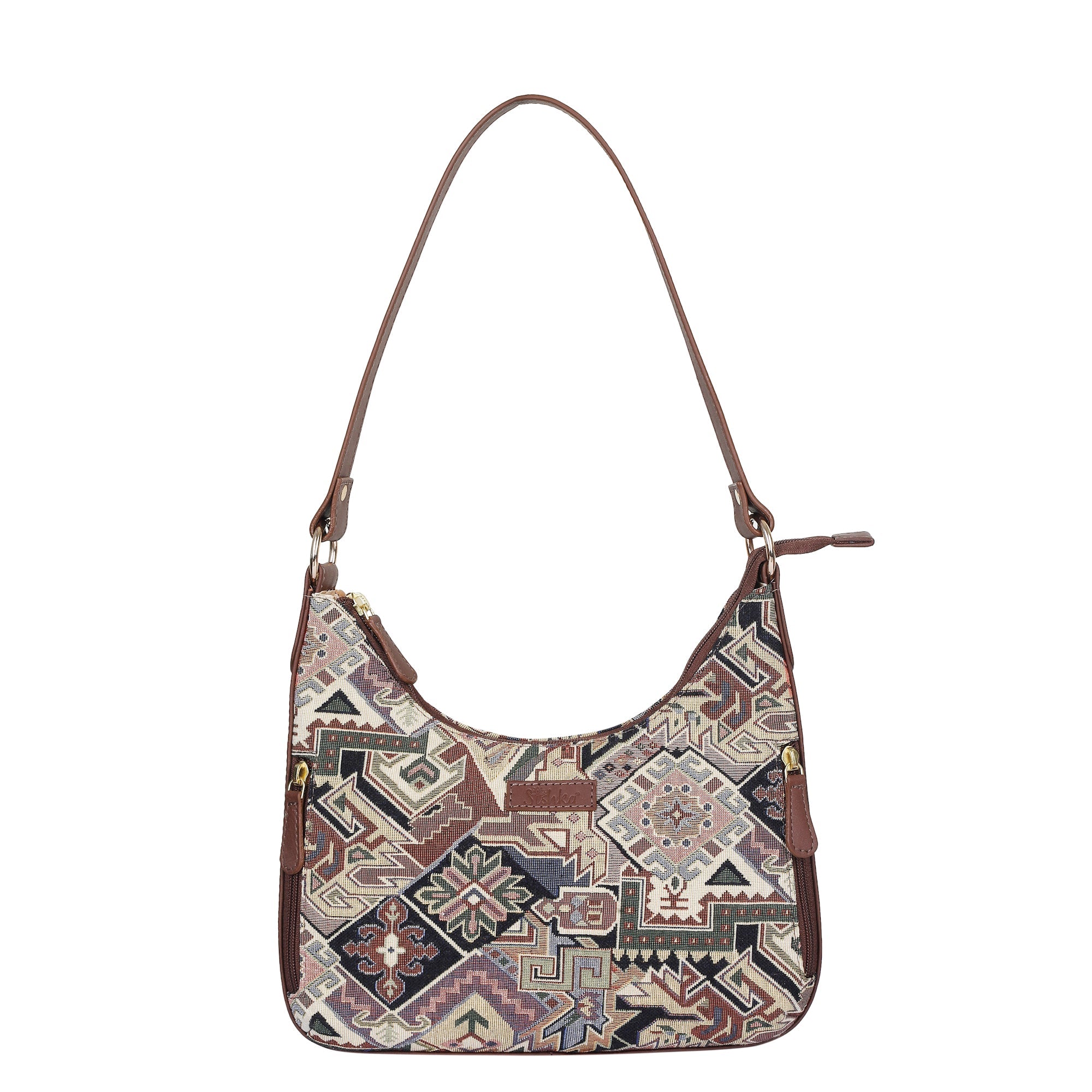 Sishka Geometric Pattern Tapestry Hobo Bag For Ladies| Stylish Leather-Trimmed Shoulder & Satchel Bag with Leather Strap for Office & Outings
