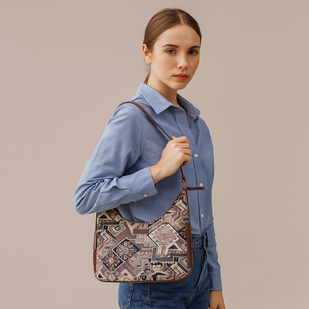 Sishka Geometric Pattern Tapestry Hobo Bag For Ladies| Stylish Leather-Trimmed Shoulder & Satchel Bag with Leather Strap for Office & Outings