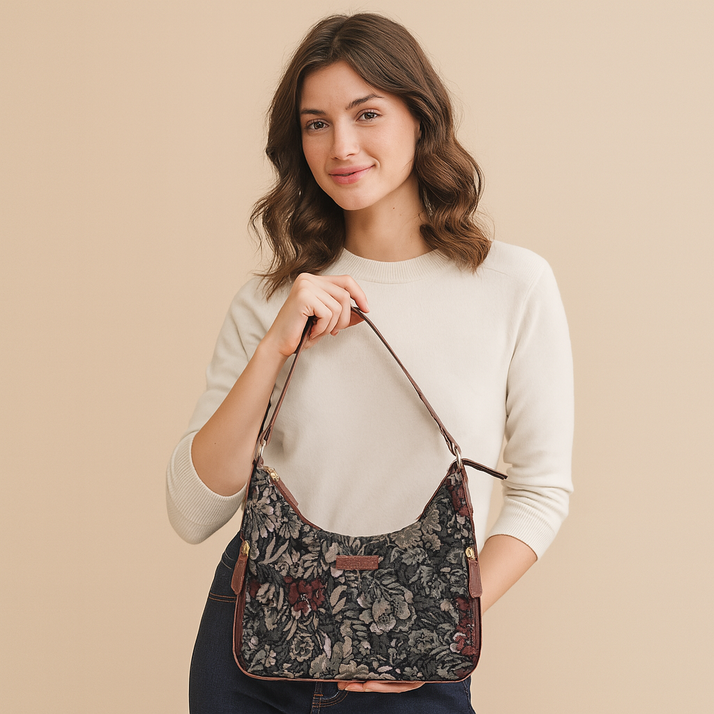 Sishka Women's Hobo Bag in Tapestry Vintage Pattern Fabric | Leather-Trimmed Shoulder & Sling Purse with Leather Strap for Daily Use