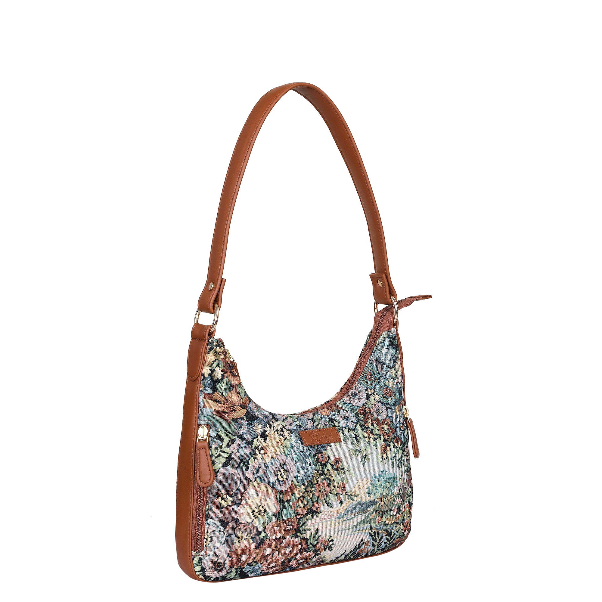Women’s Botanical Pattern Hobo Shoulder Tote – Elegant Tapestry Fabric Sling Bag with Vegan Leather Trim & Top Handle