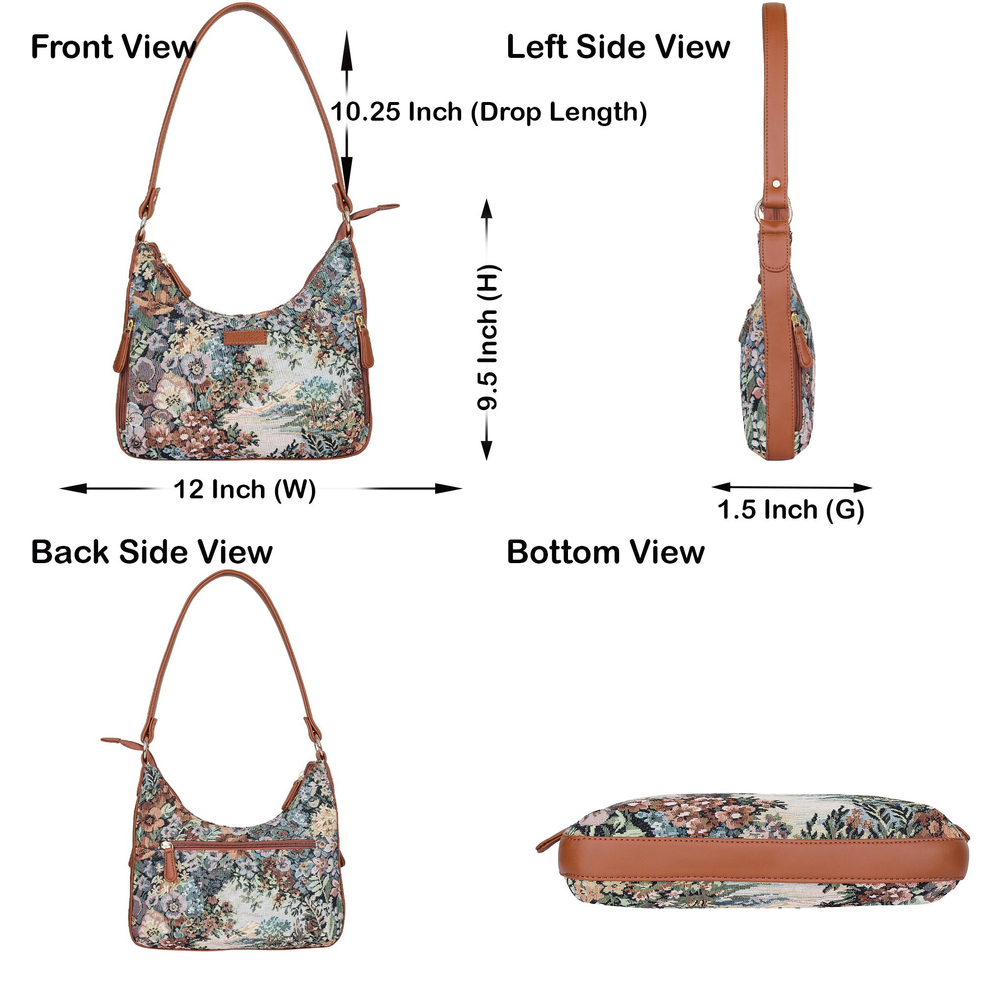 Women’s Botanical Pattern Hobo Shoulder Tote – Elegant Tapestry Fabric Sling Bag with Vegan Leather Trim & Top Handle