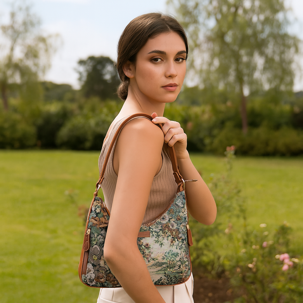 Women’s Botanical Pattern Hobo Shoulder Tote – Elegant Tapestry Fabric Sling Bag with Vegan Leather Trim & Top Handle