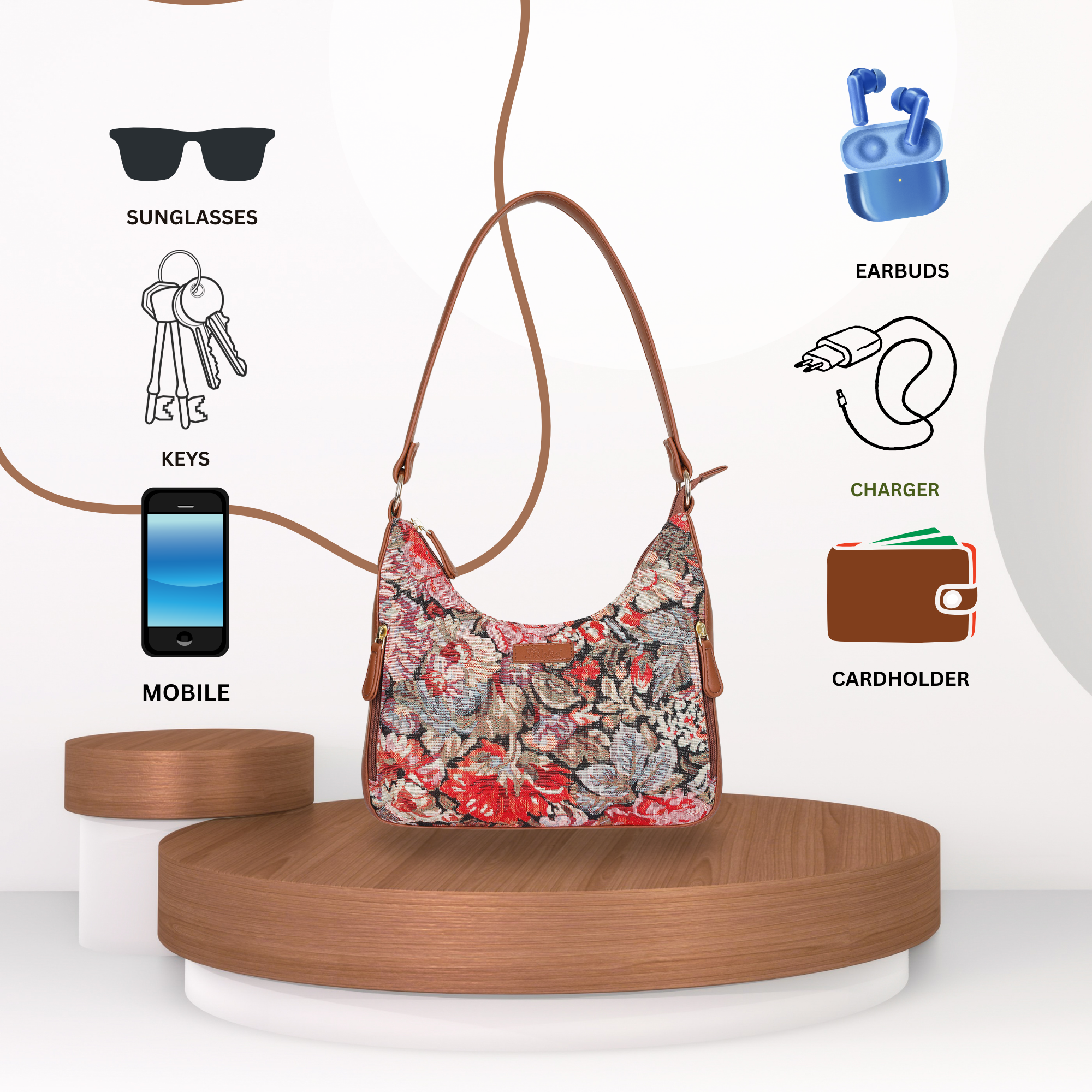 Ladies’ Floral Design Tapestry Hobo Purse – Vegan Leather-Trimmed Satchel Shoulder Bag for Everyday Style