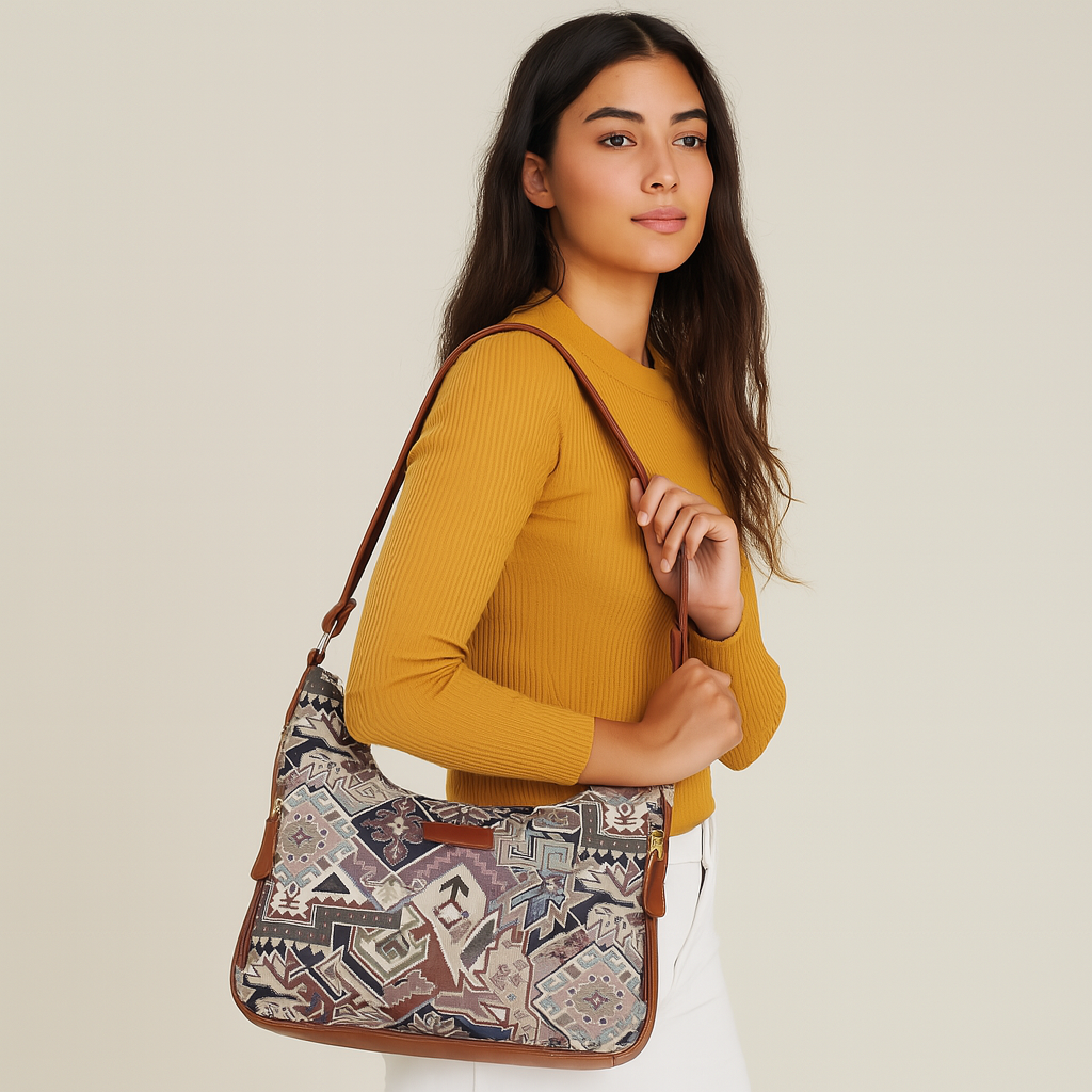 Ladies’ Geometric Tapestry Fabric Hobo Shoulder Bag – Stylish Satchel Purse with Vegan Leather Strap for Work & Casual Outings