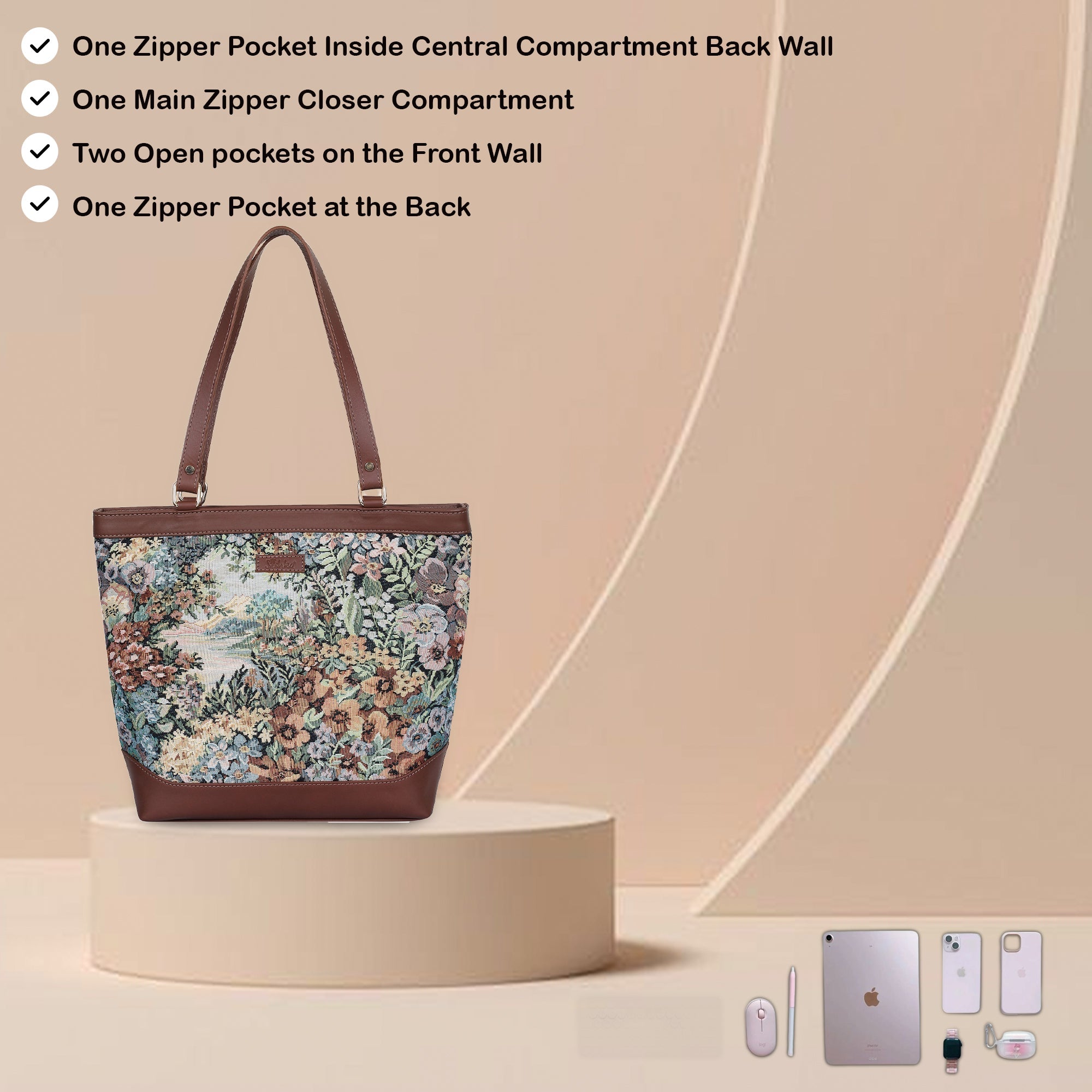 Women’s Botanical Tapestry Tote Bag – Stylish Top Handle Handbag with Leather Accents for Office & Travel