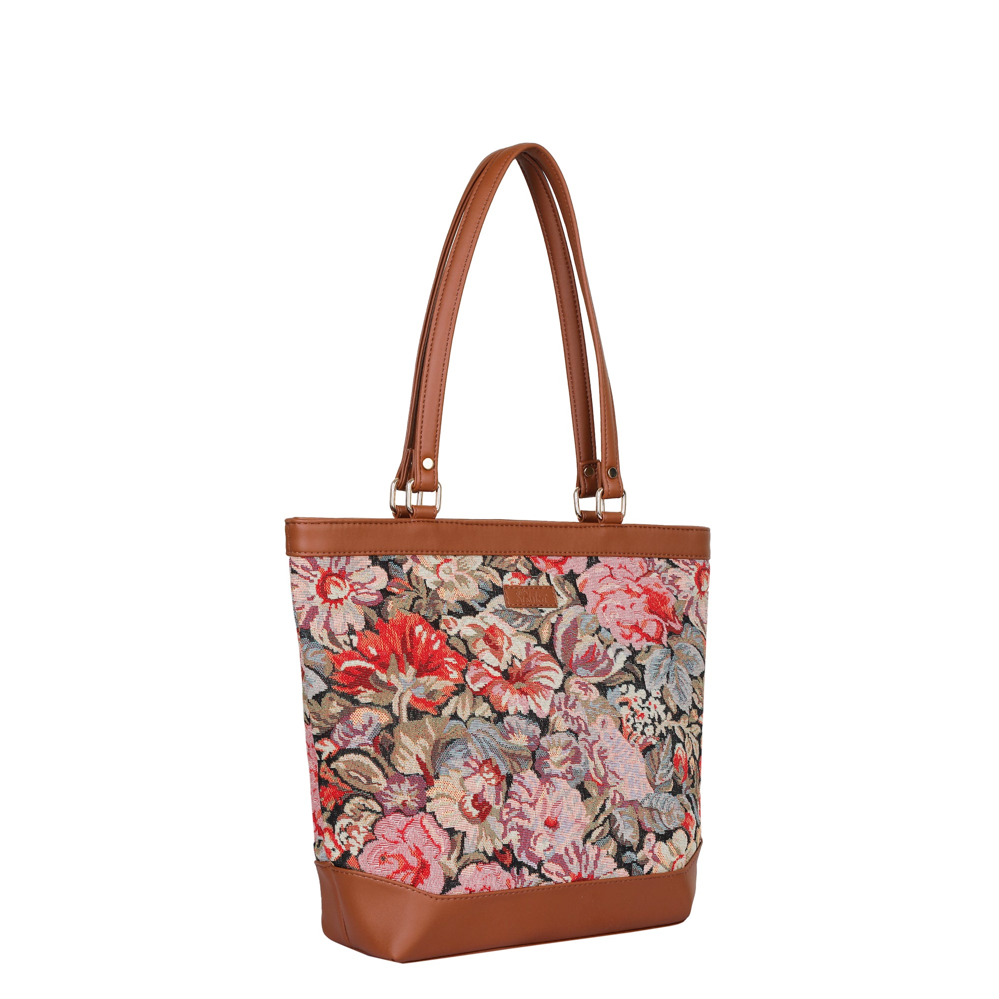 Ladies’ Floral Print Tapestry Tote Bag – Vegan Leather Shoulder Sling Handbag with Top Handle for Casual & Office Wear