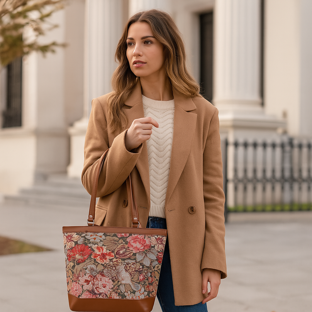 Ladies’ Floral Print Tapestry Tote Bag – Vegan Leather Shoulder Sling Handbag with Top Handle for Casual & Office Wear