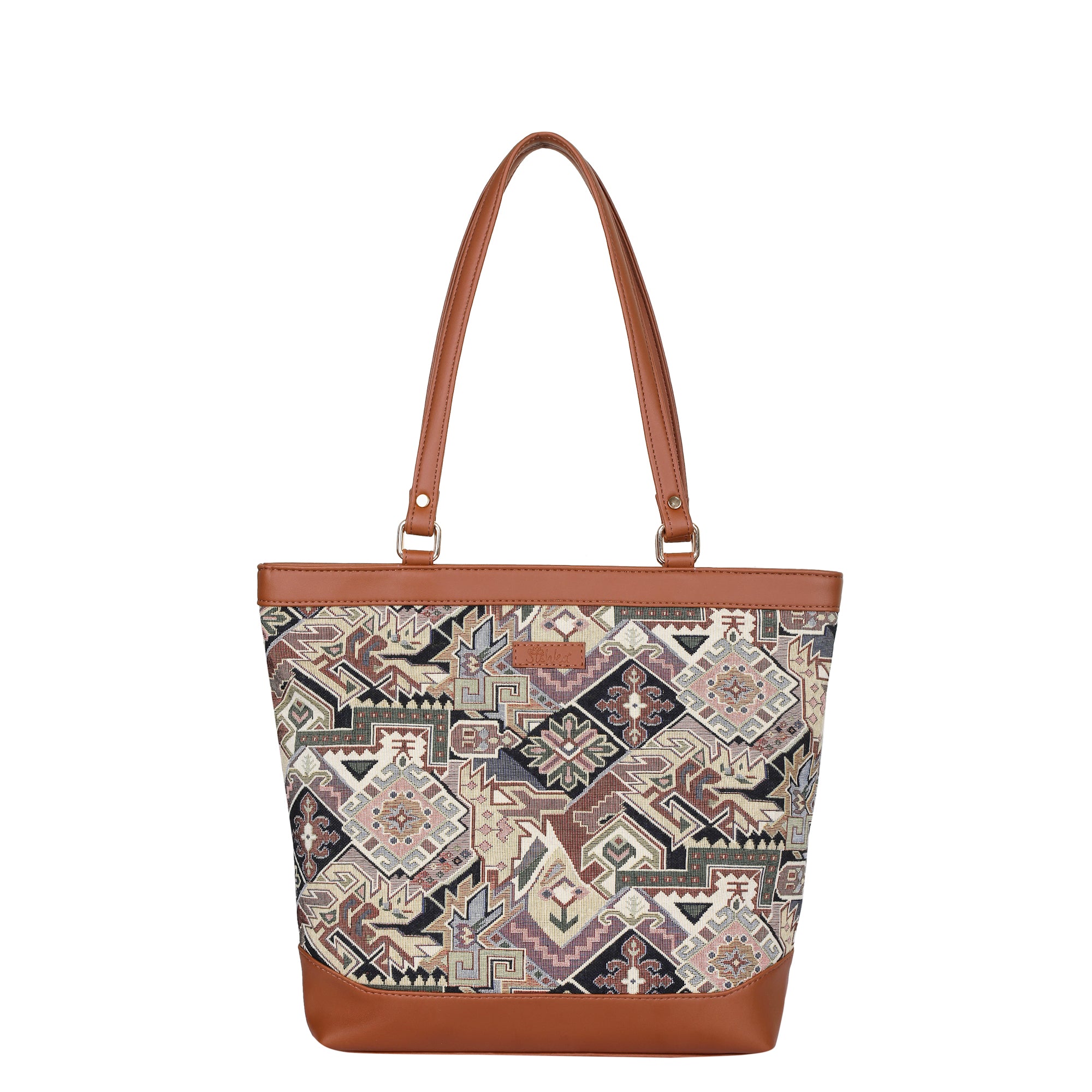 Ladies’ Geometric Tapestry Tote Bag – Vegan Leather-Accented Handbag with Sling Strap & Top Handles for Work & Travel