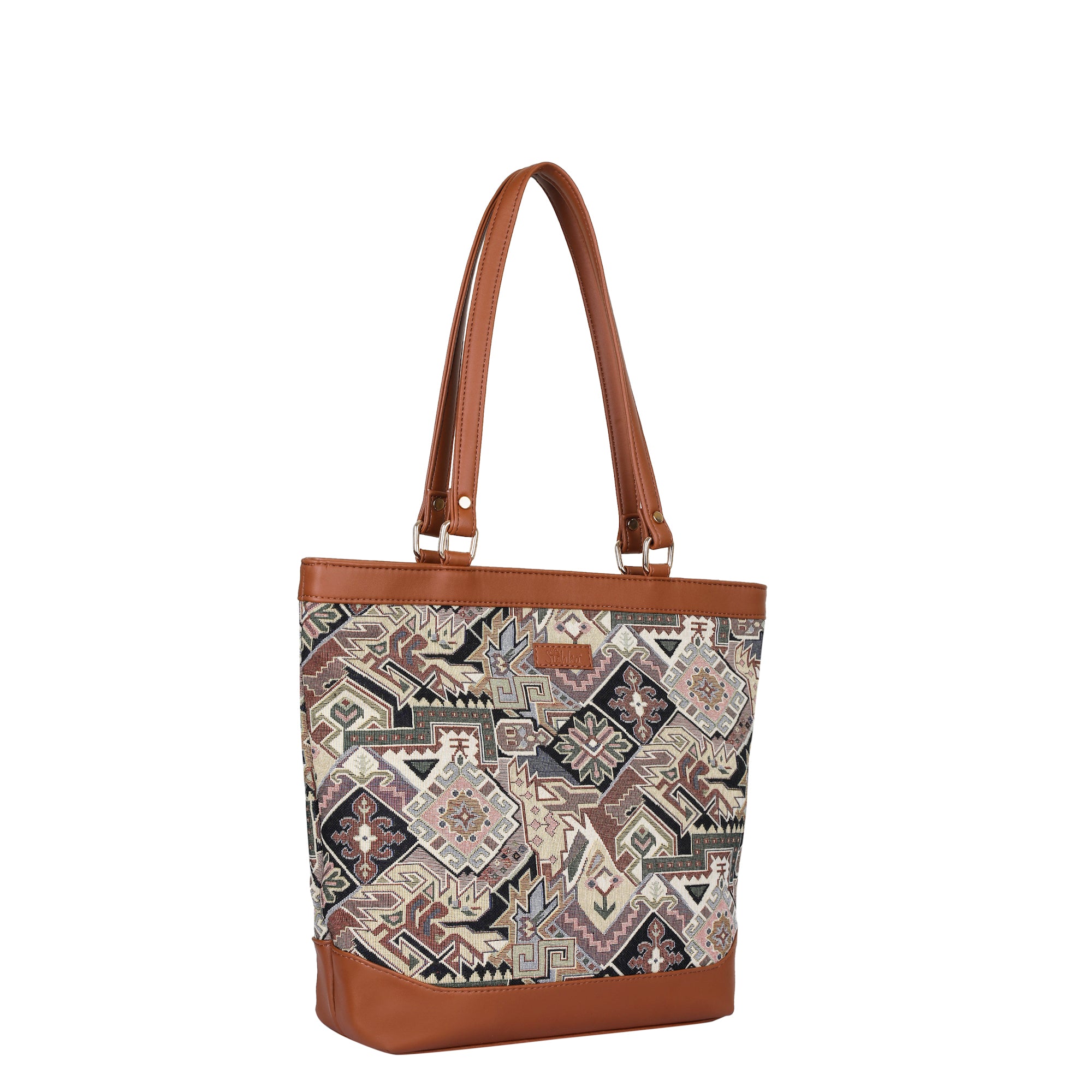 Ladies’ Geometric Tapestry Tote Bag – Vegan Leather-Accented Handbag with Sling Strap & Top Handles for Work & Travel