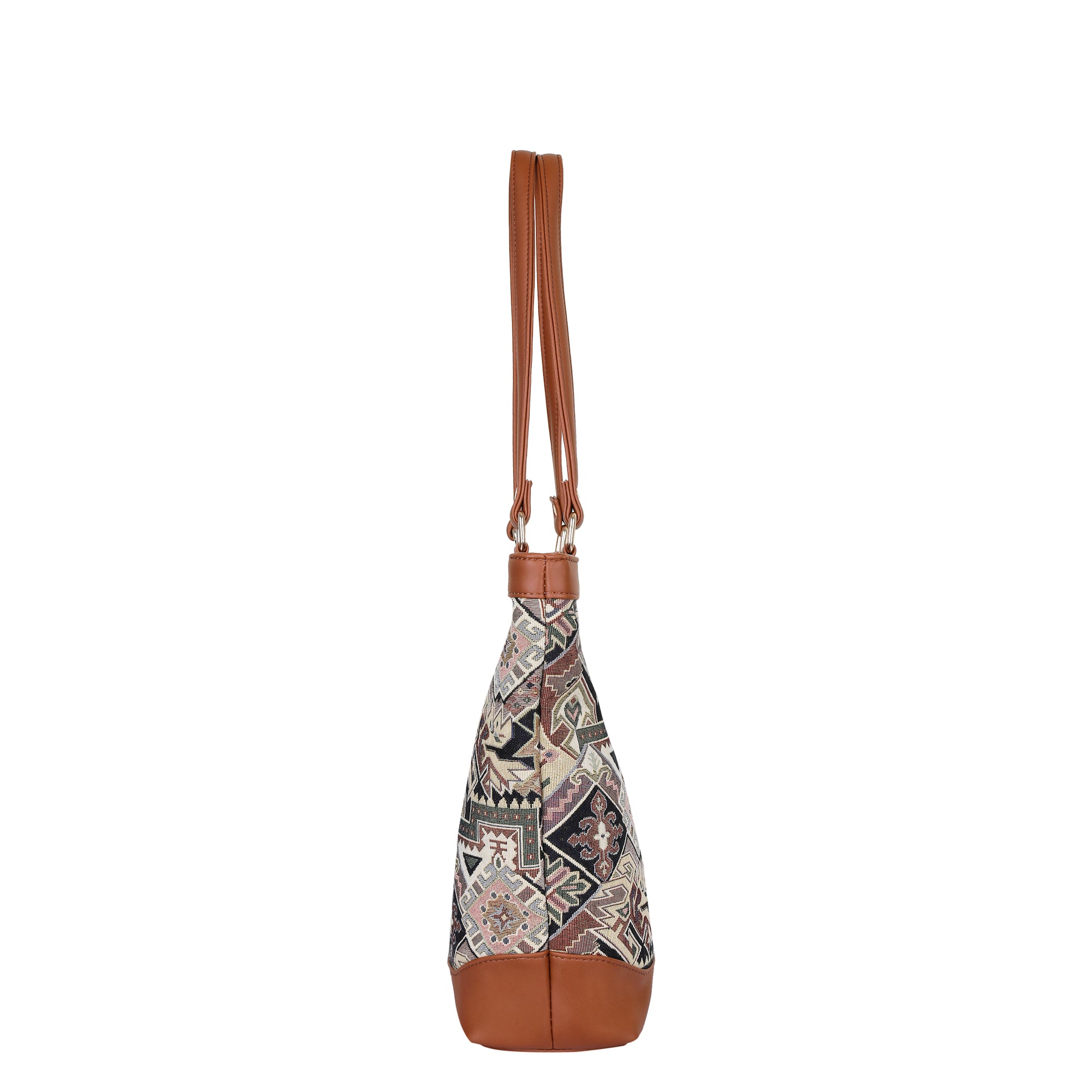 Ladies’ Geometric Tapestry Tote Bag – Vegan Leather-Accented Handbag with Sling Strap & Top Handles for Work & Travel