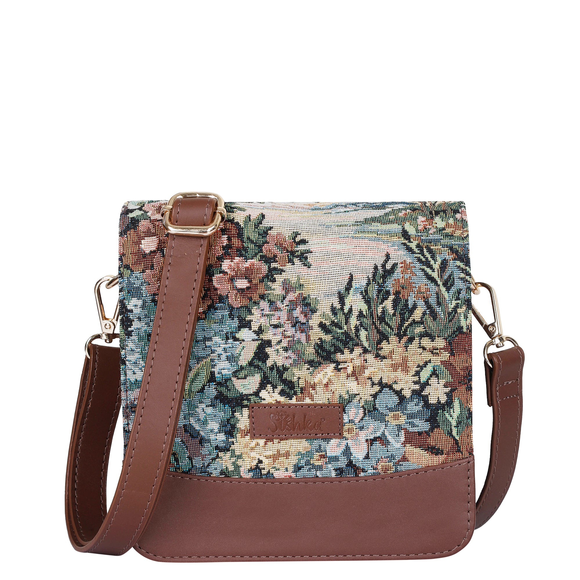 Sishka Botanical Pattern Tapestry Crossbody Bag for Women – Versatile Messenger Purse Shoulder Bag with Leather Trim & Adjustable Detachable Strap for Travel & Daily Carry