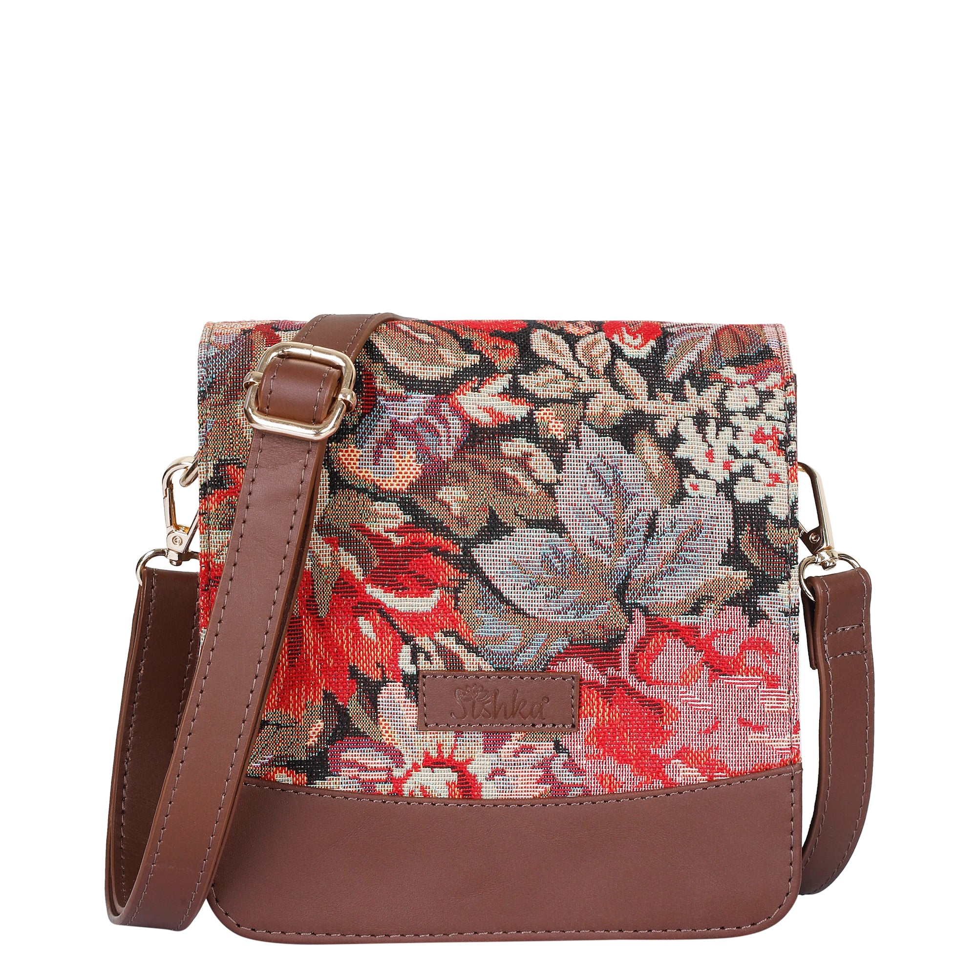 Sishka Floral Design Tapestry Fabric Crossbody Sling Bag for Women – Fashionable Messenger & Shoulder Purse with Leather Trim and Detachable Strap for Travel & Outings