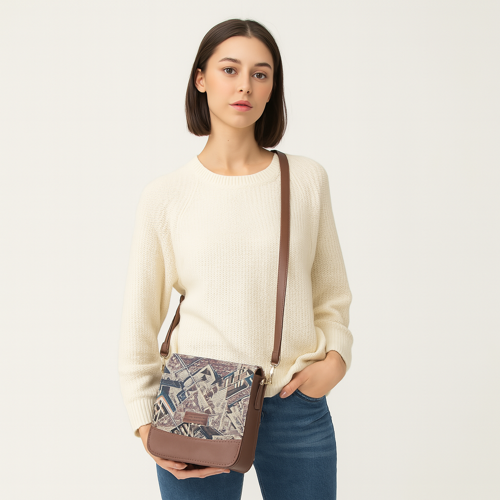 Sishka Women’s Tapestry Crossbody Sling in Geometric Pattern – Stylish Shoulder & Messenger Purse with Leather Trim and Detachable Adjustable Leather Strap for Daily Outings