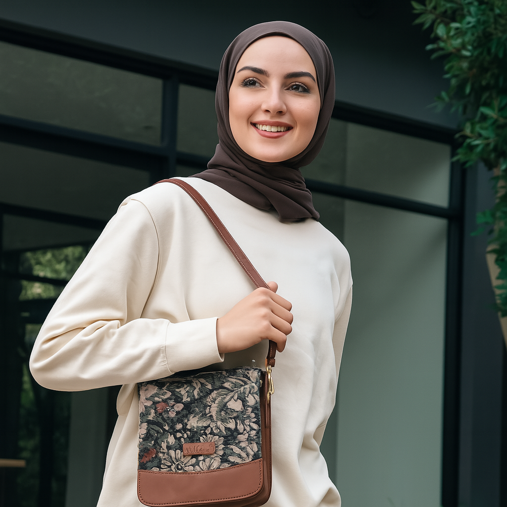Sishka Tapestry Crossbody Sling Bag for Women in Vintage Design – Messenger Bag, Shoulder Purse with Leather Trim & Adjustable Leather Strap for Everyday Use