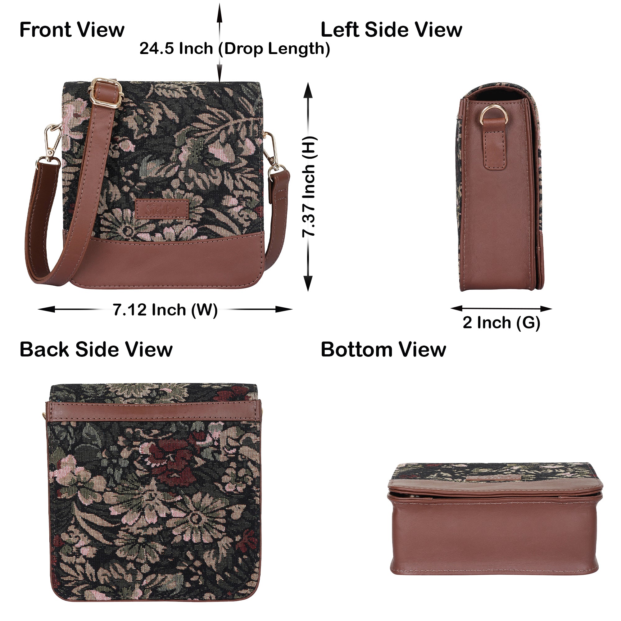 Sishka Tapestry Crossbody Sling Bag for Women in Vintage Design – Messenger Bag, Shoulder Purse with Leather Trim & Adjustable Leather Strap for Everyday Use