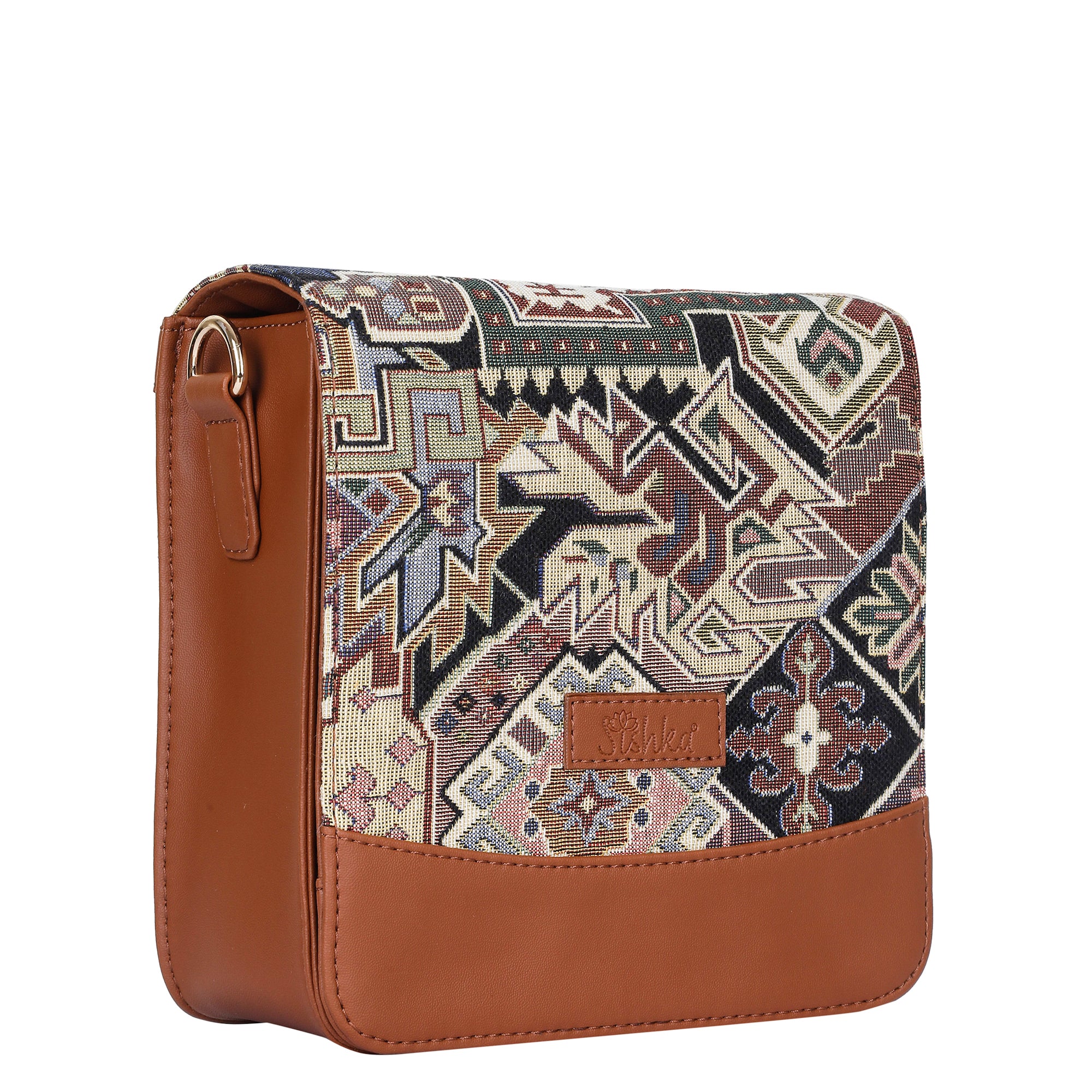 Ladies’ Geometric Pattern Tapestry Crossbody Bag – Satchel Shoulder Sling Purse with Vegan Leather Strap for Everyday Carry