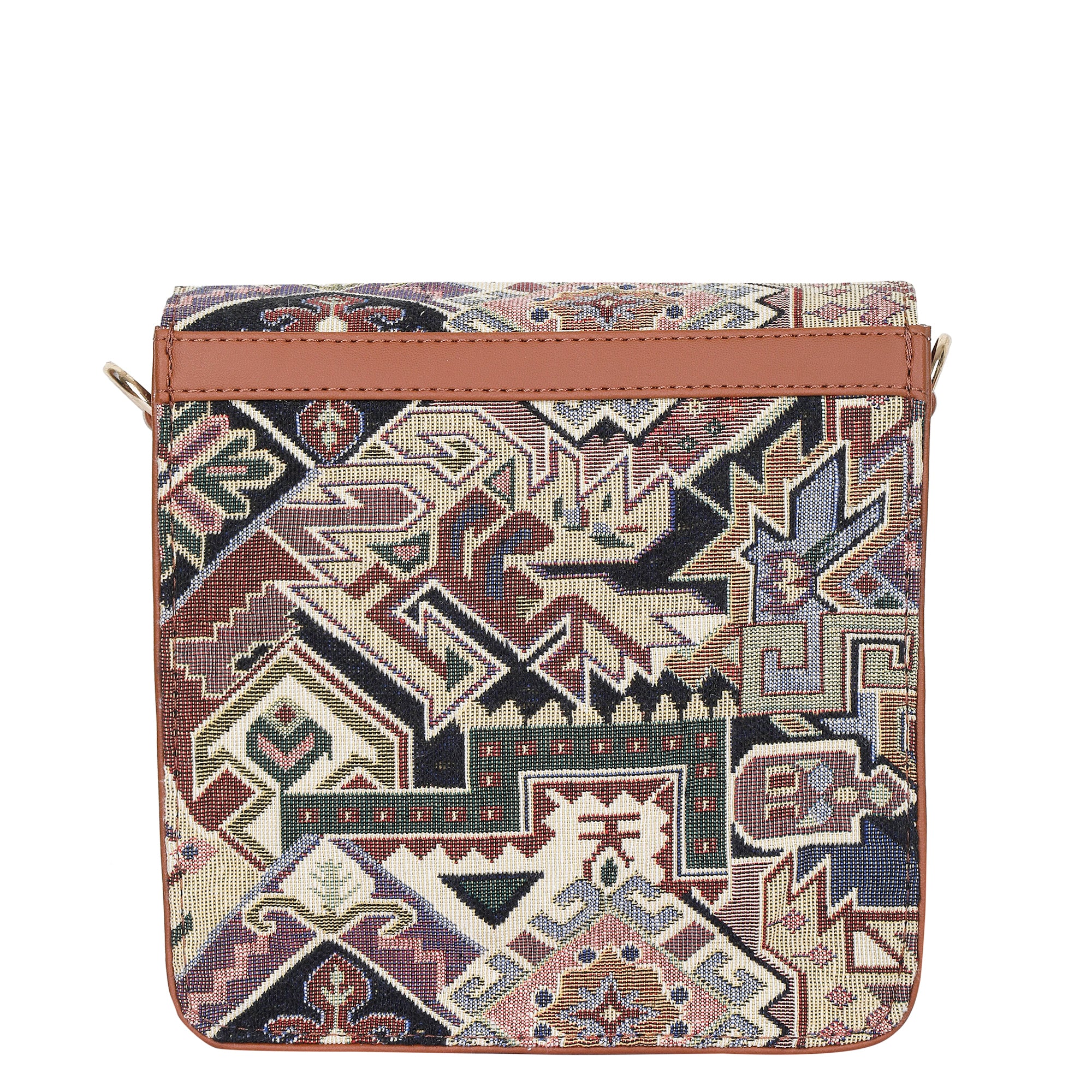 Ladies’ Geometric Pattern Tapestry Crossbody Bag – Satchel Shoulder Sling Purse with Vegan Leather Strap for Everyday Carry