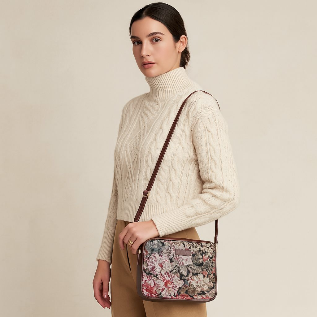 Sishka Floral Design Tapestry Messenger Bag for Women – Fashionable Crossbody & Sling Purse with Leather Trim and Detachable Leather Strap for Office, Travel & Outings