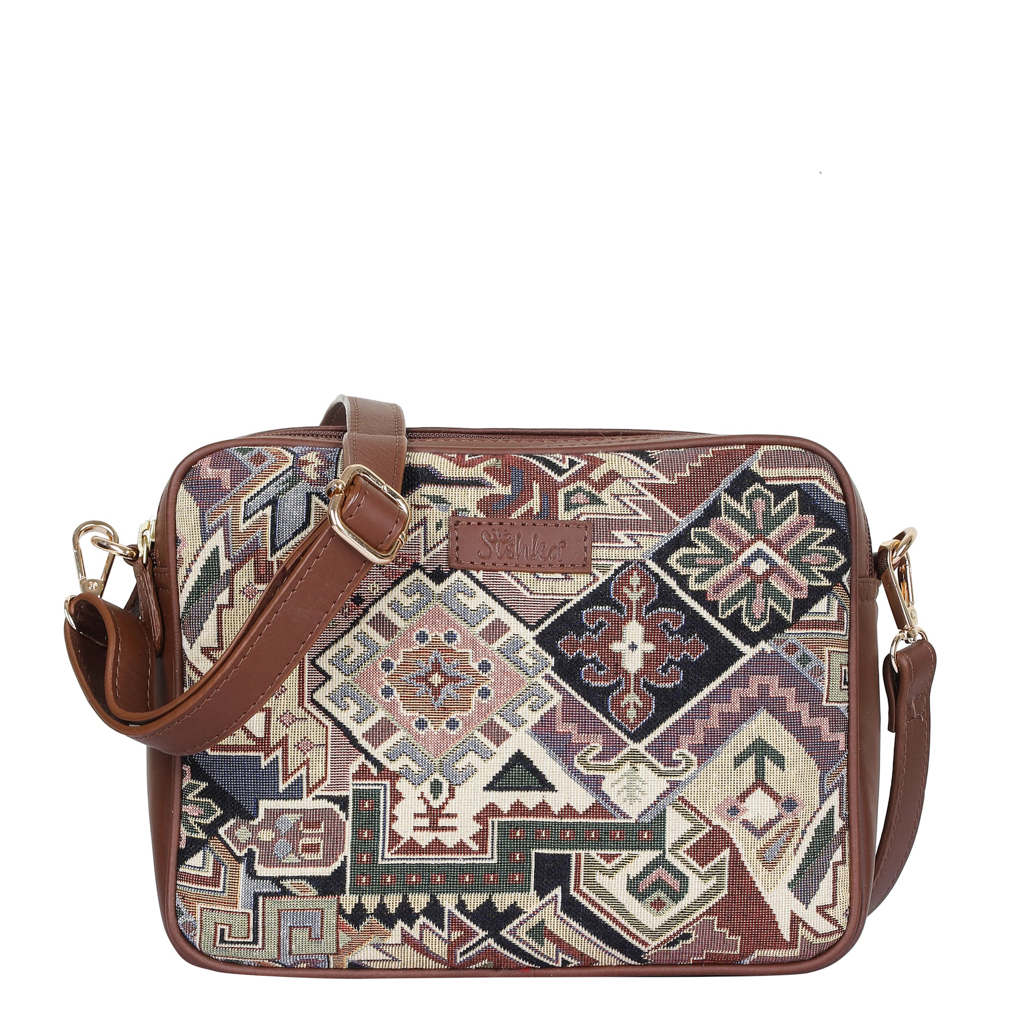 Sishka Women’s Tapestry Messenger Sling in Geometric Design – Stylish Shoulder & Crossbody Purse with Leather Trim and Detachable Adjustable Leather Strap for Daily Outings