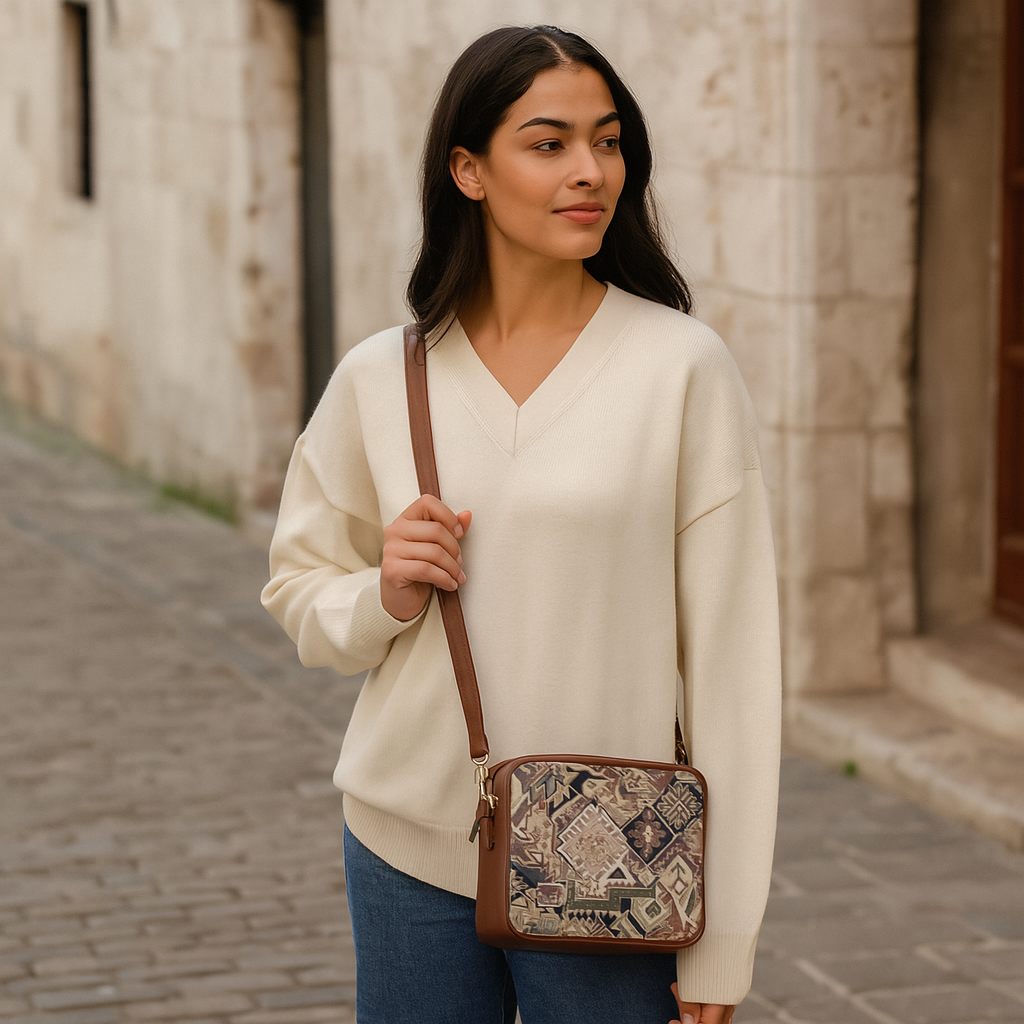 Sishka Women’s Tapestry Messenger Sling in Geometric Design – Stylish Shoulder & Crossbody Purse with Leather Trim and Detachable Adjustable Leather Strap for Daily Outings