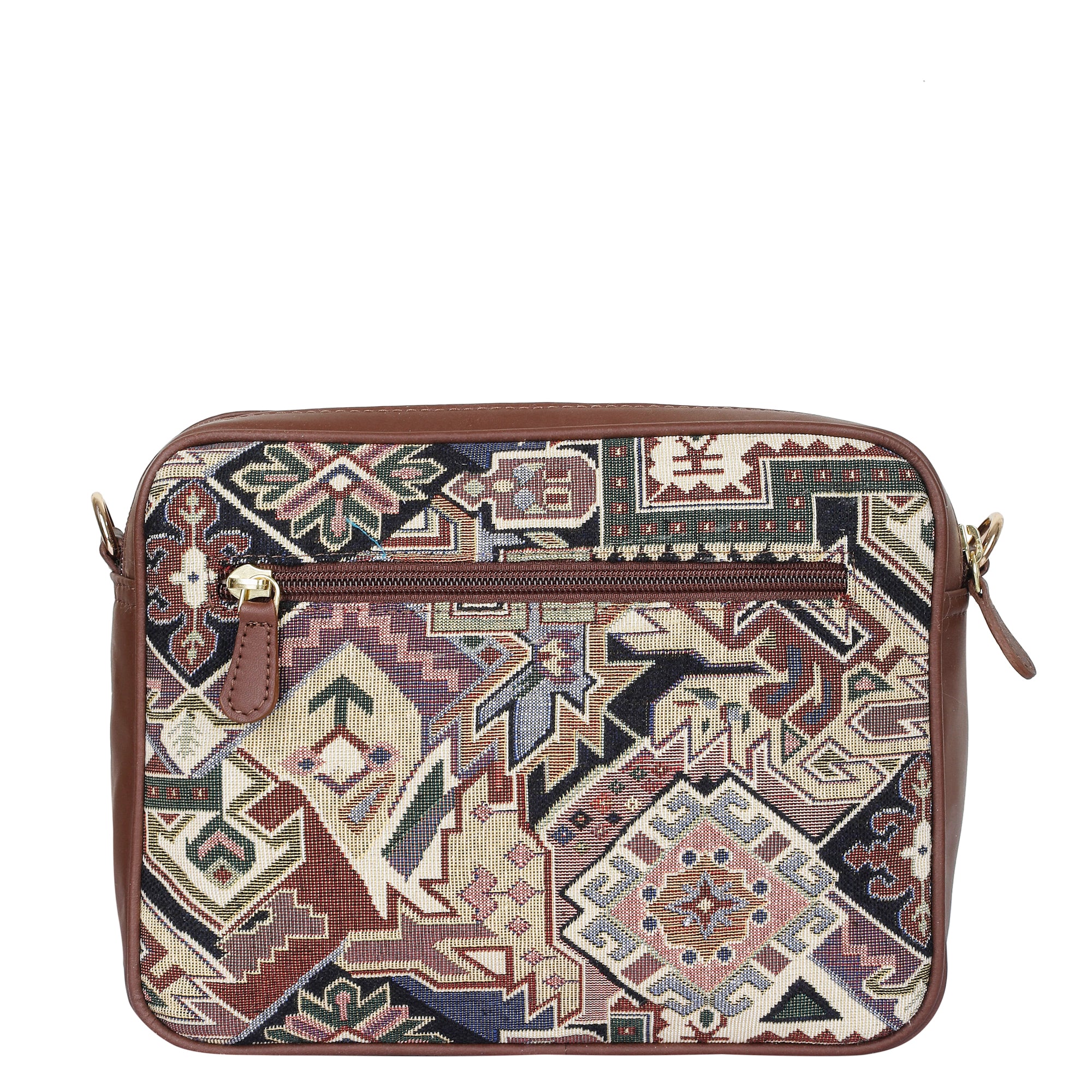 Women’s Geometric Tapestry Shoulder & Crossbody Messenger Bag with Leather Trim