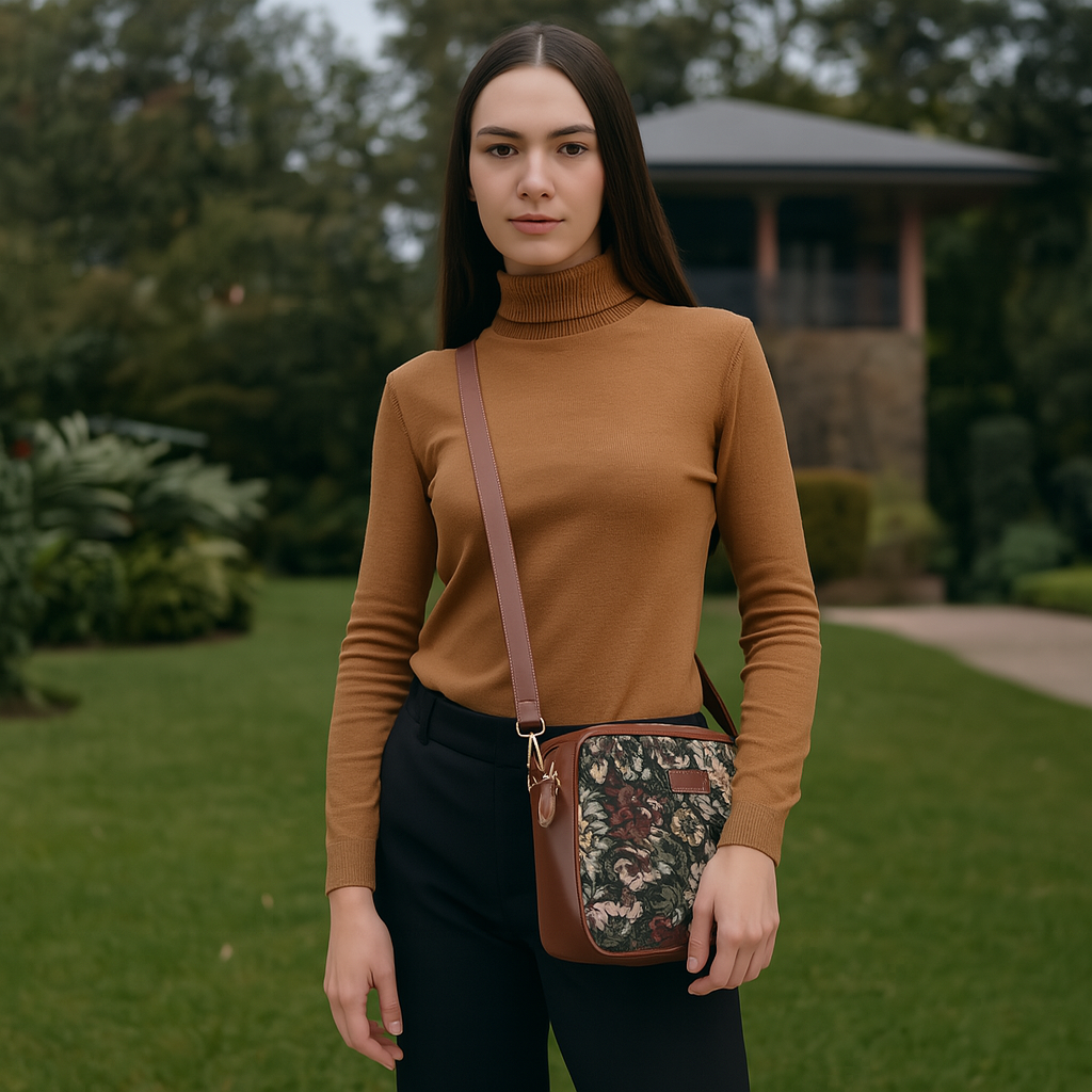 Sishka Tapestry Messenger Bag for Women in Vintage Pattern – Crossbody Sling with Leather Trim & Adjustable Detachable Leather Strap for Travel, Work & Everyday Use