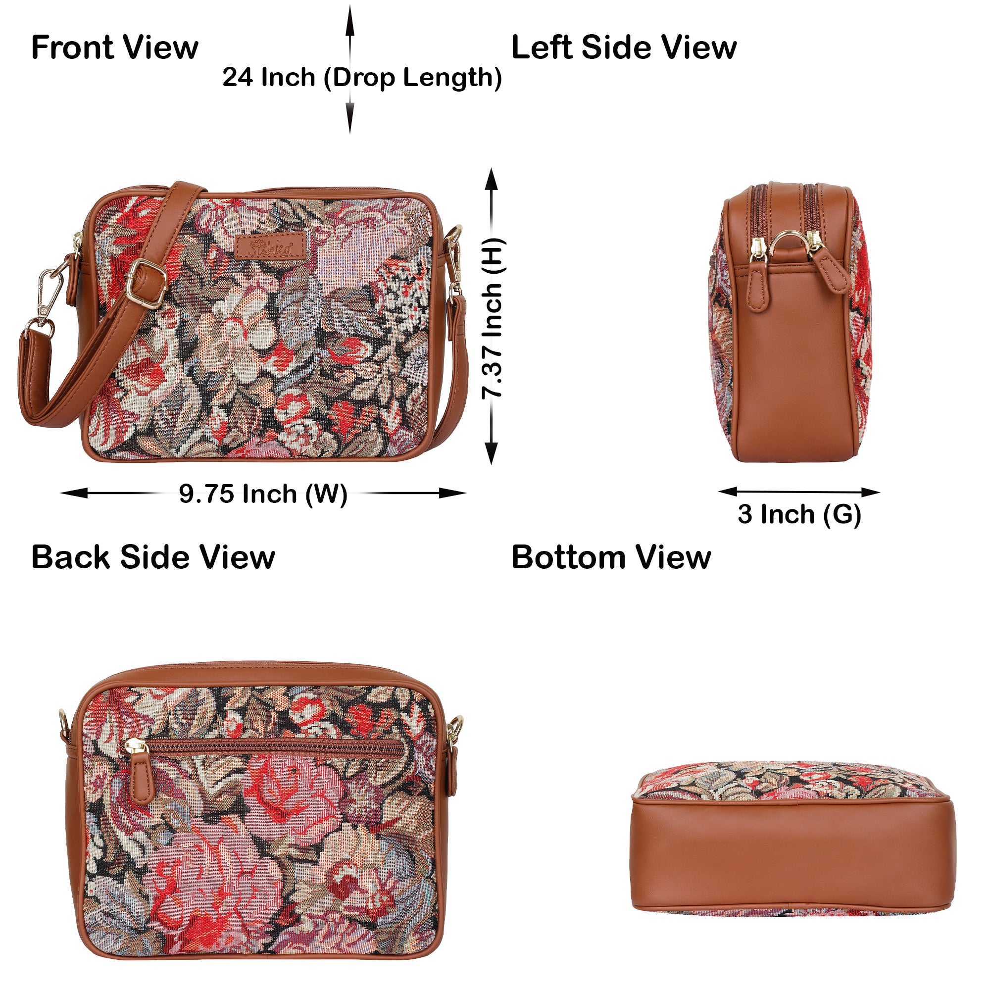 Ladies’ Floral Tapestry Shoulder Sling Bag – Vegan Leather-Trim Messenger Purse with Adjustable Strap for Work