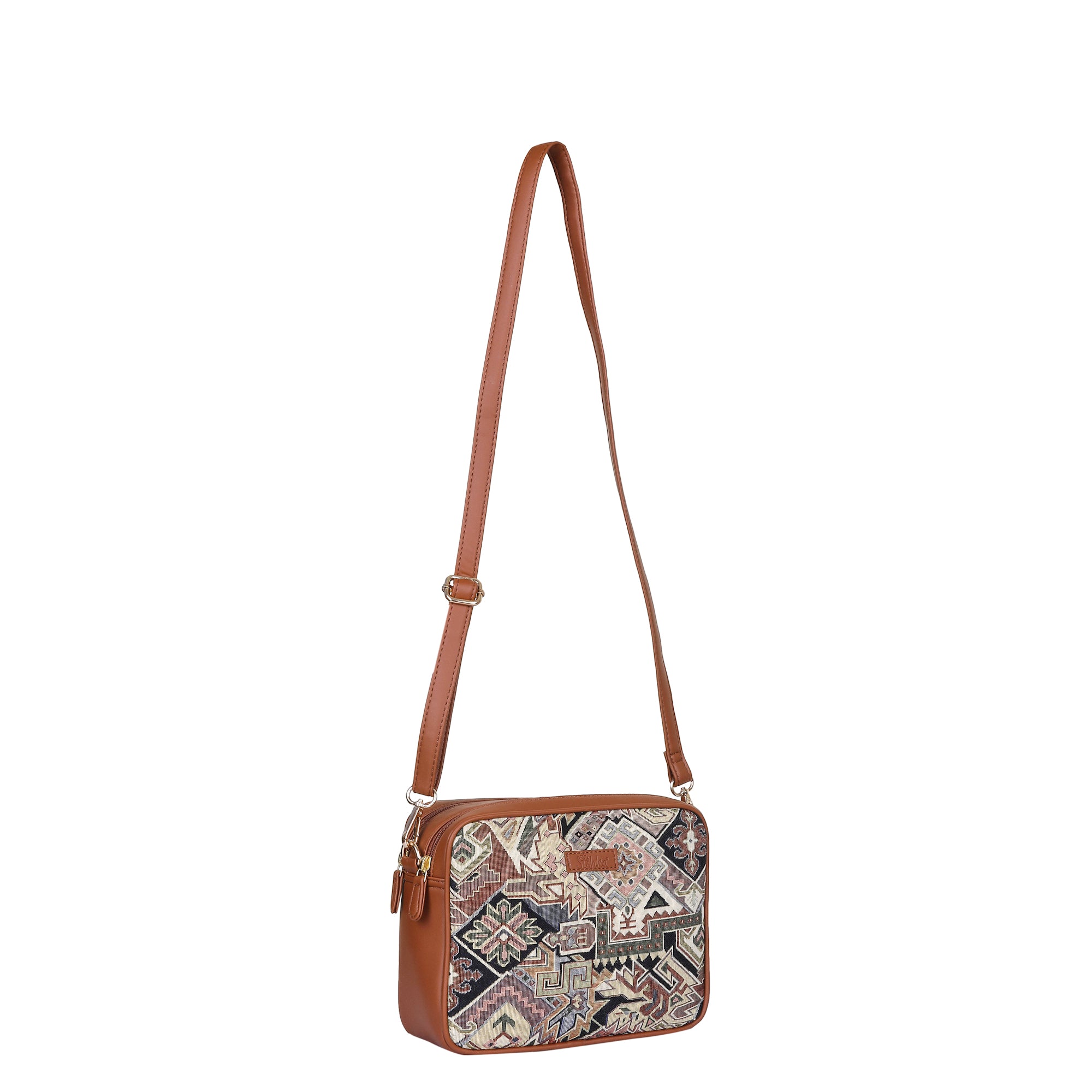 Ladies’ Geometric Tapestry Sling Bag – Vegan Leather Crossbody Satchel with Adjustable Strap for Office, Errands & Outings