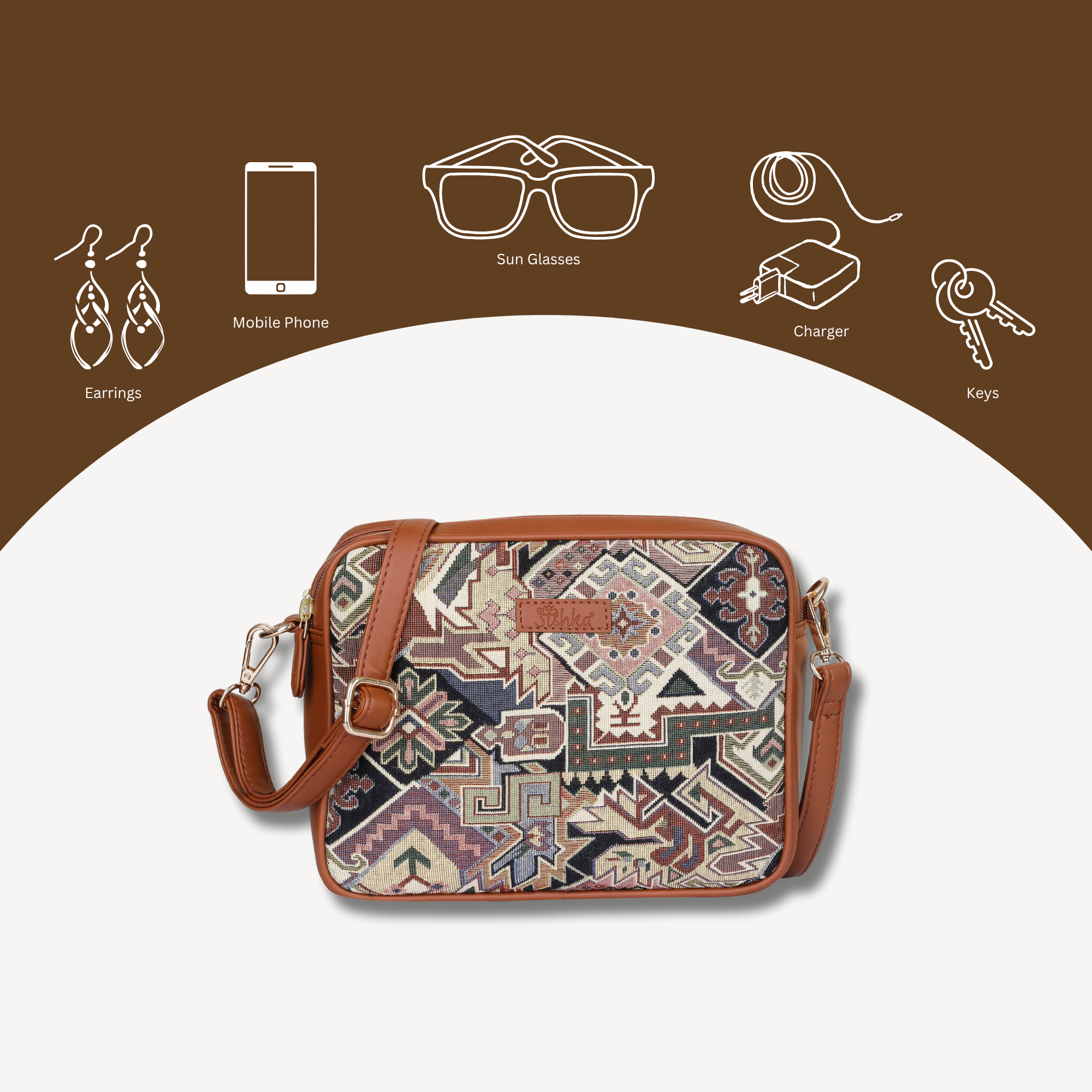 Ladies’ Geometric Tapestry Sling Bag – Vegan Leather Crossbody Satchel with Adjustable Strap for Office, Errands & Outings