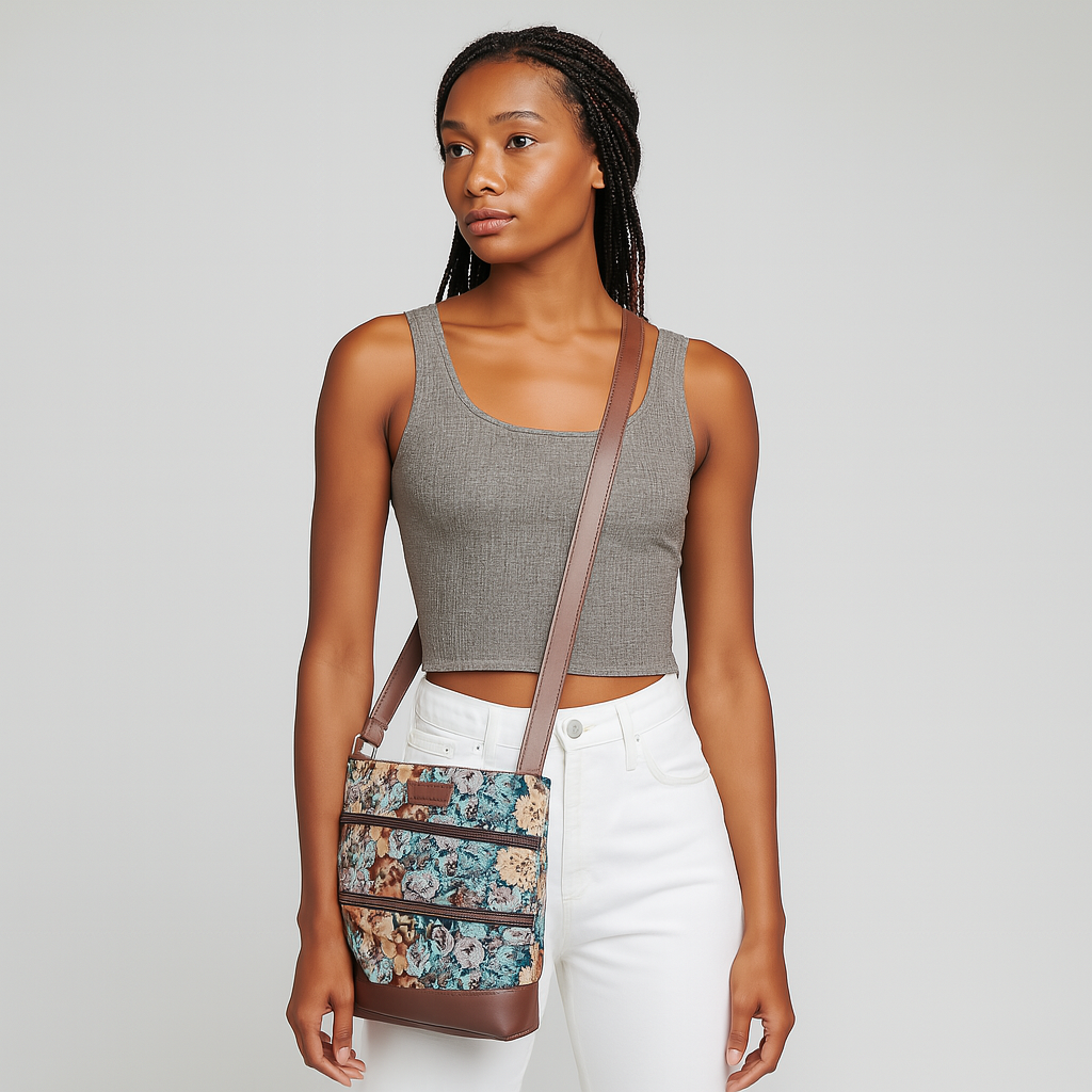 Sishka Botanical Design Tapestry Crossbody Bag for Women – Shoulder & Messenger Purse with Leather Trim and Adjustable Strap for Daily Wear