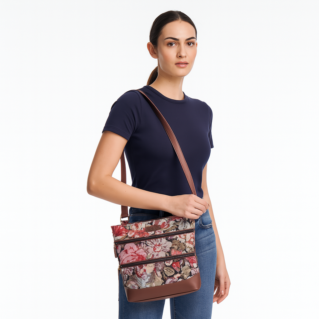 Sishka Floral Pattern Tapestry Crossbody Sling for Ladies –  Shoulder & Messenger Purse with Leather Trim and Adjustable Strap for Travel