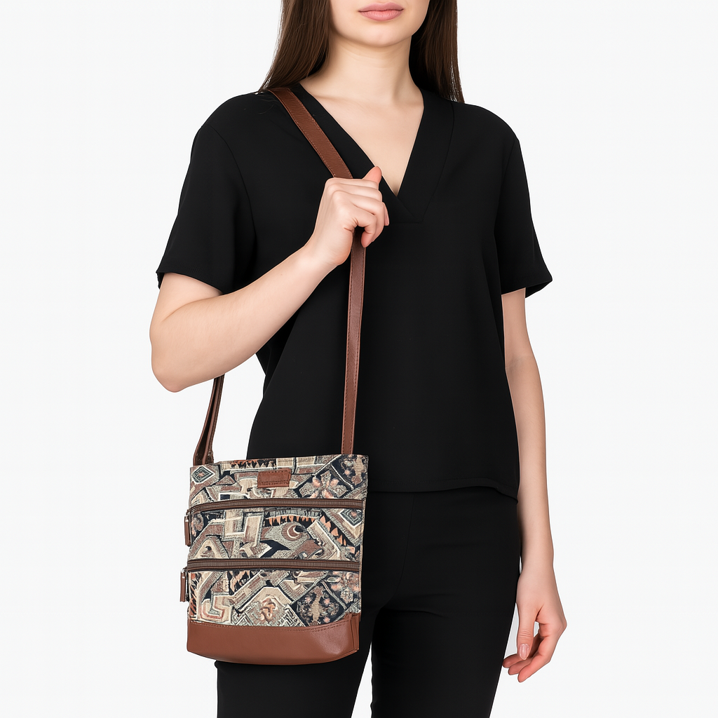 Sishka Geometric Tapestry Crossbody Sling Bag for Women – Stylish Messenger & Shoulder Purse with Adjustable Leather Strap for Daily Outings
