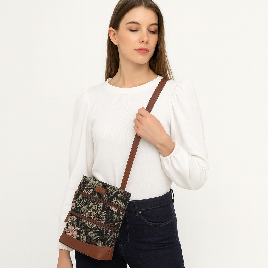Sishka Vintage Pattern Tapestry Crossbody Sling Bag for Women – Shoulder & Messenger Purse with Leather Trim and Adjustable Strap