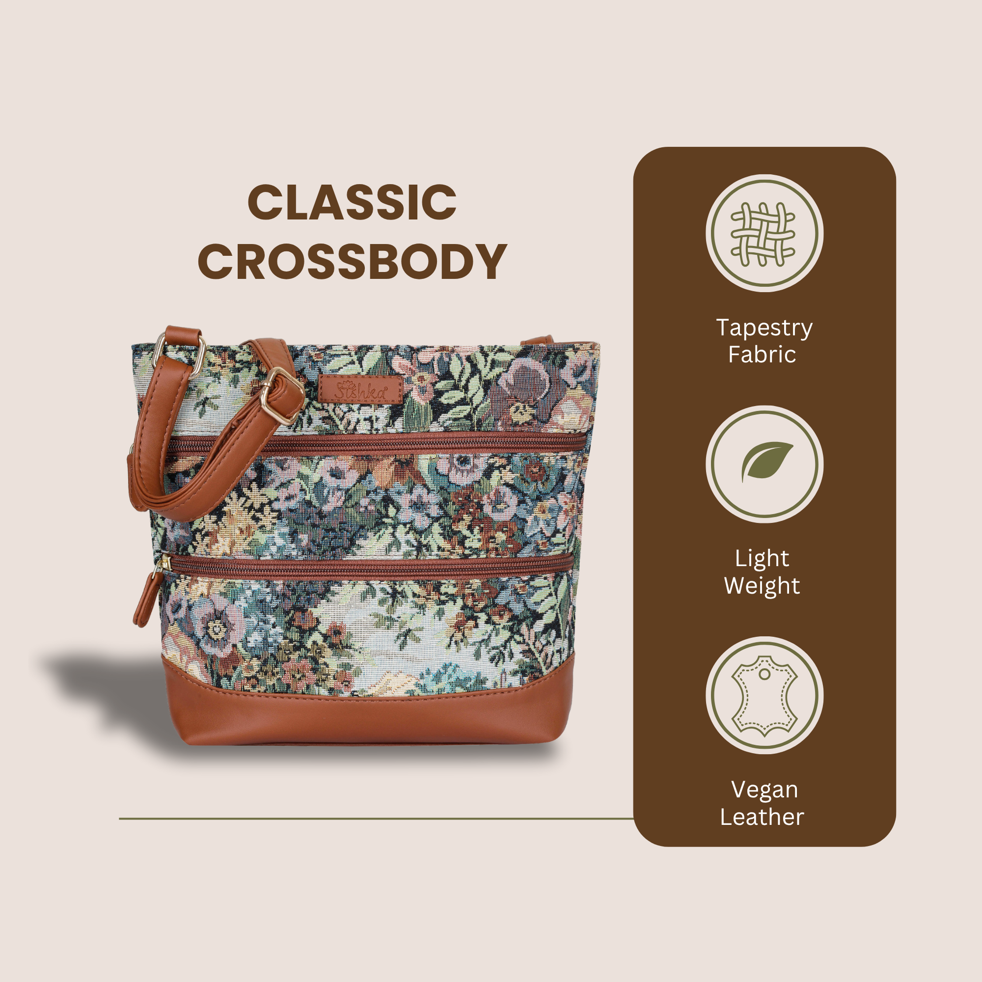 Women’s Botanical Tapestry Crossbody Bag – Messenger-Style Shoulder Purse with Vegan Leather Trim for Everyday Carry