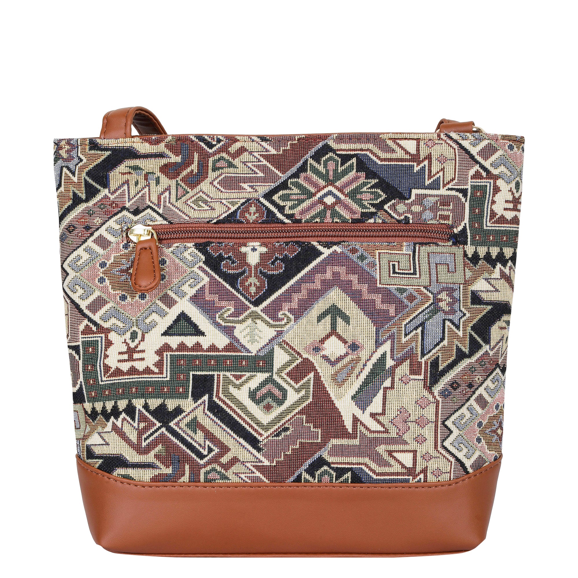 Ladies’ Geometric Tapestry Sling Bag – Crossbody & Shoulder Purse with Vegan Leather Trim & Adjustable Strap for Casual Outings
