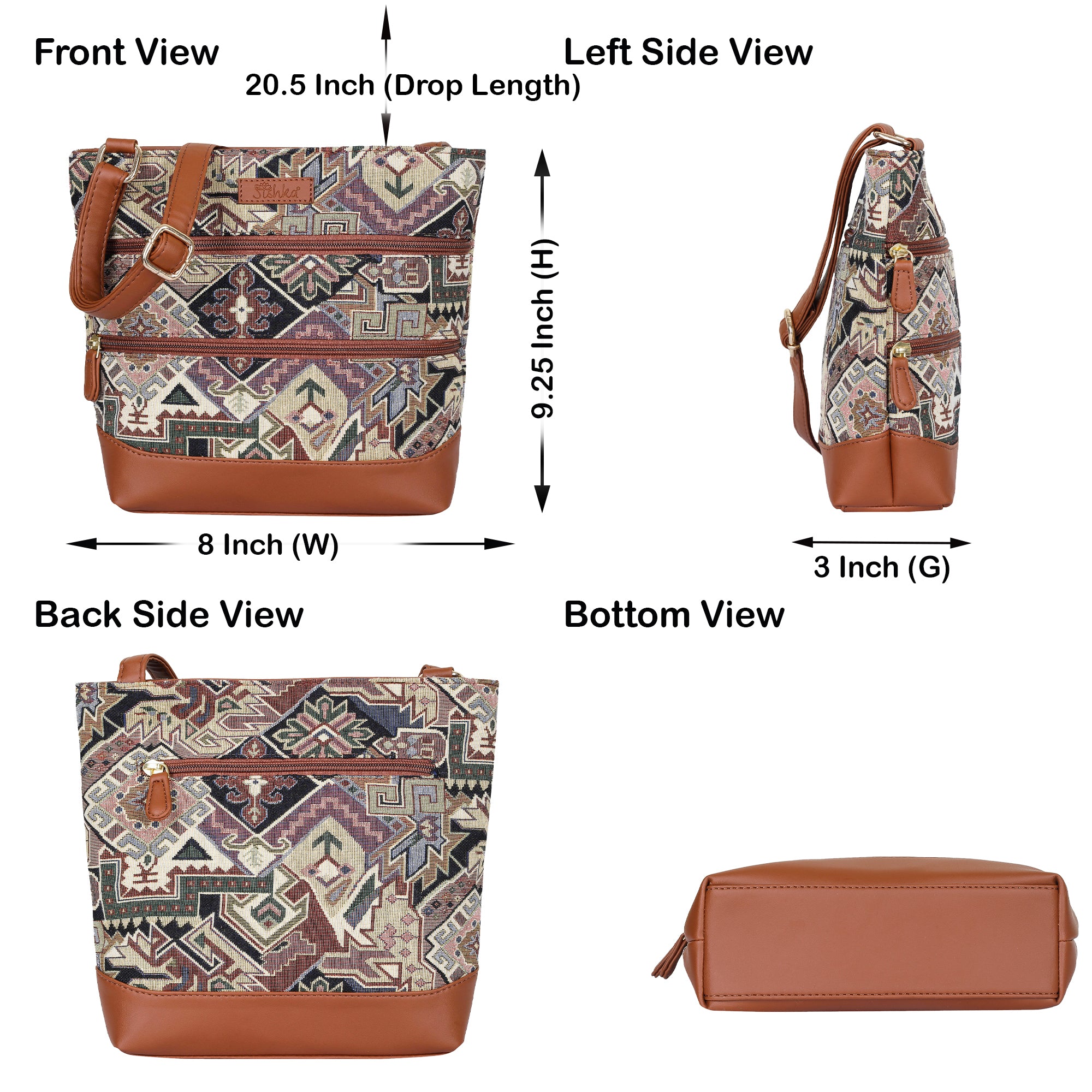 Ladies’ Geometric Tapestry Sling Bag – Crossbody & Shoulder Purse with Vegan Leather Trim & Adjustable Strap for Casual Outings