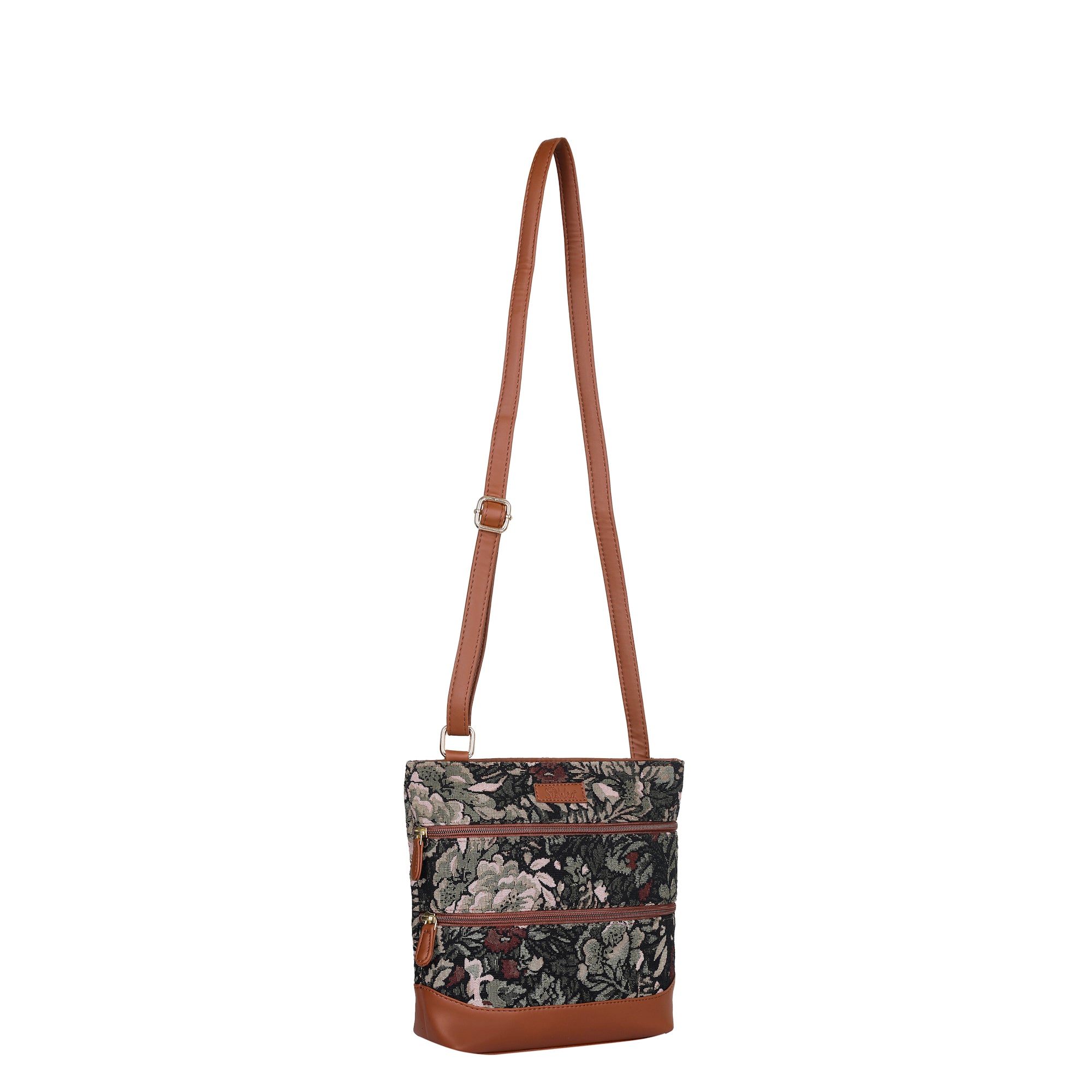 Women’s Vintage Tapestry Crossbody Sling Bag – Shoulder & Messenger Purse with Vegan Leather Trim & Adjustable Strap for Daily Use