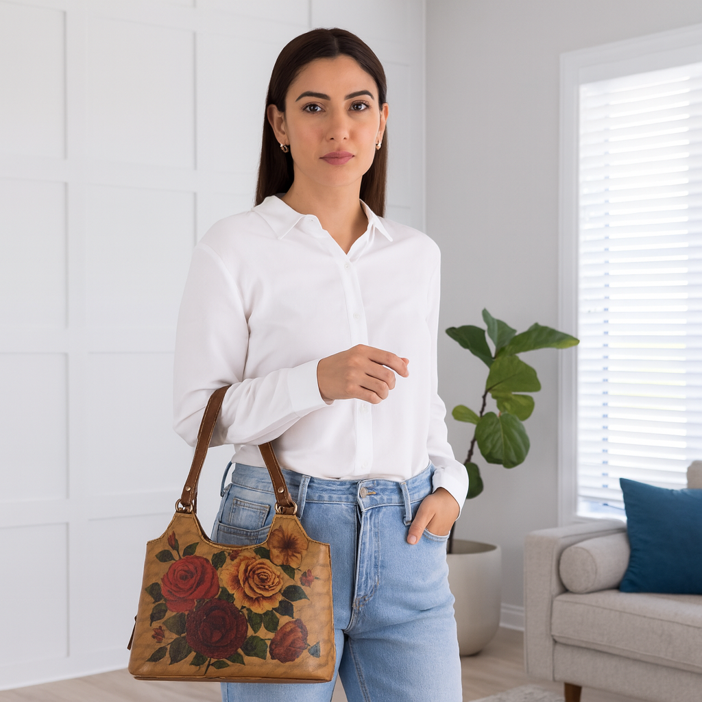 Printed Genuine Leather Shoulder Tote Bag for Women – Stylish Top Handle Handbag Purse– Travel, Office & Daily Use