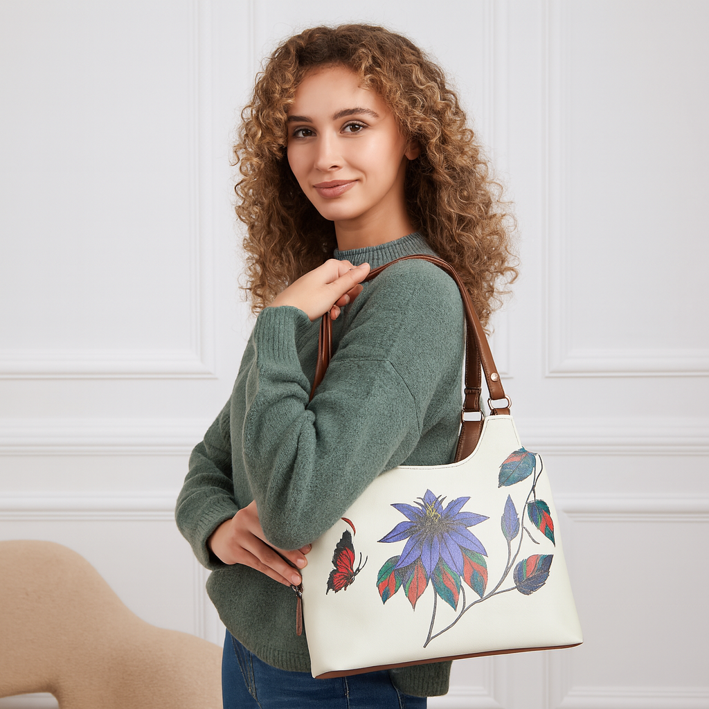 Printed Genuine Leather Shoulder Tote Bag for Women – Stylish Top Handle Handbag Purse– Travel, Office & Daily Use