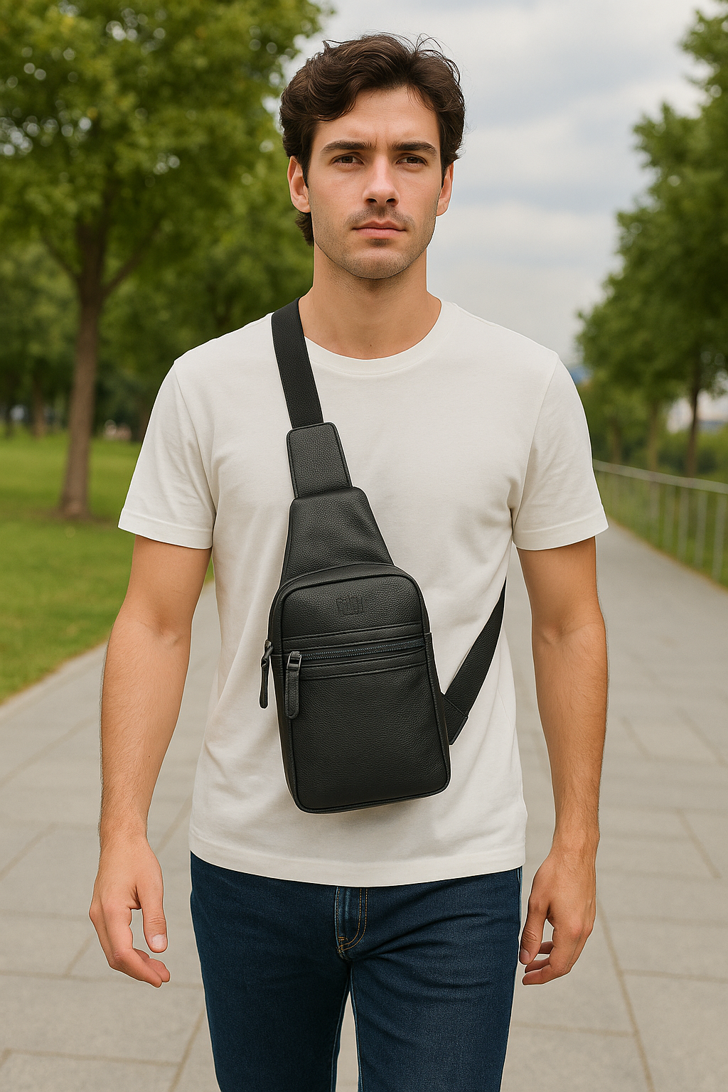 Premium Leather  Fanny Sling Bag For Women Men Chest Pack Crossbody Shoulder Belt Bags Travel-Black