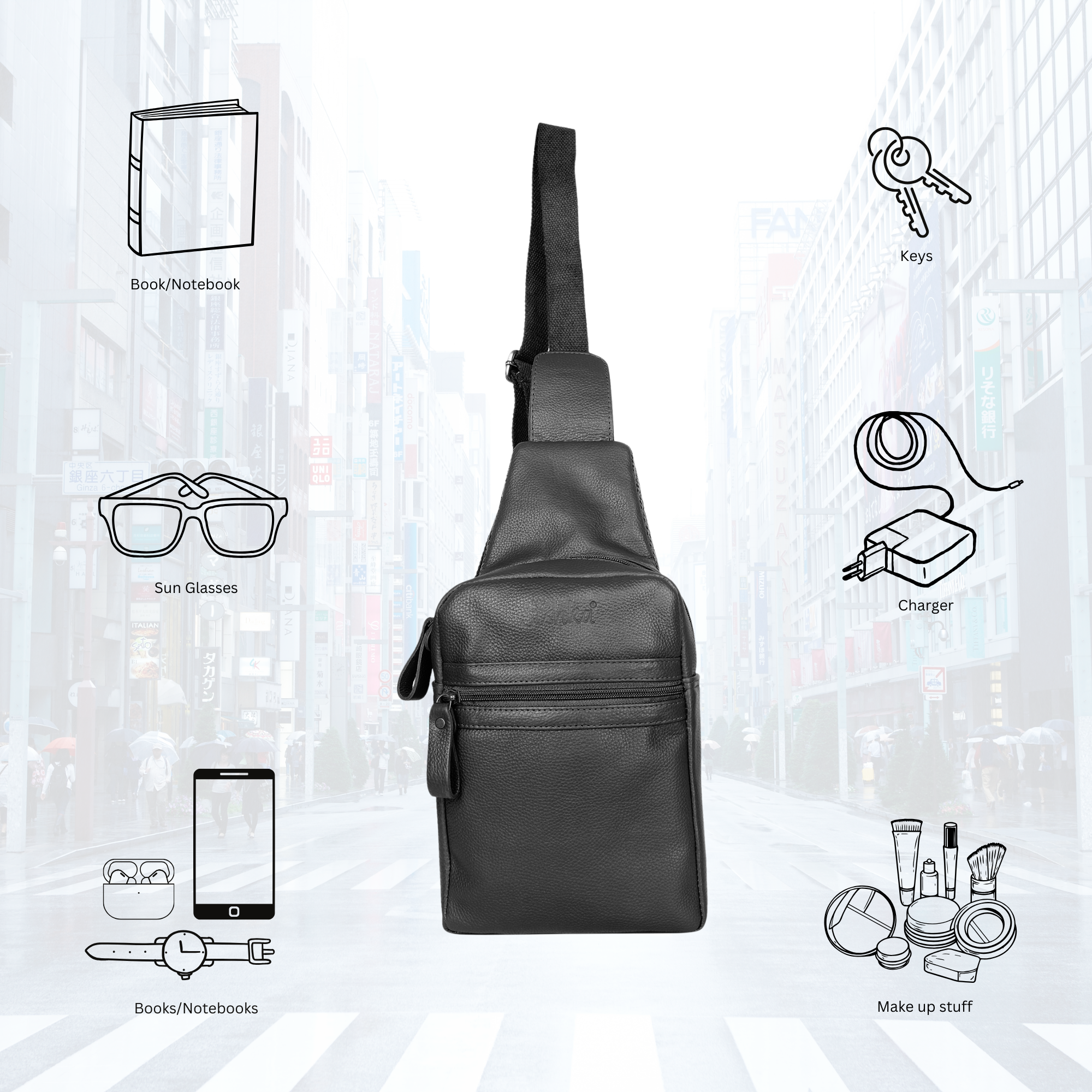 Premium Leather  Fanny Sling Bag For Women Men Chest Pack Crossbody Shoulder Belt Bags Travel-Black