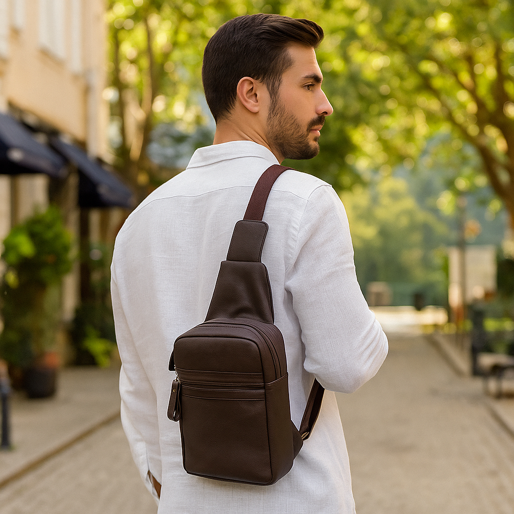 Premium Leather  Fanny Sling Bag For Women Men Chest Pack Crossbody Shoulder Belt Bags Travel-Brown