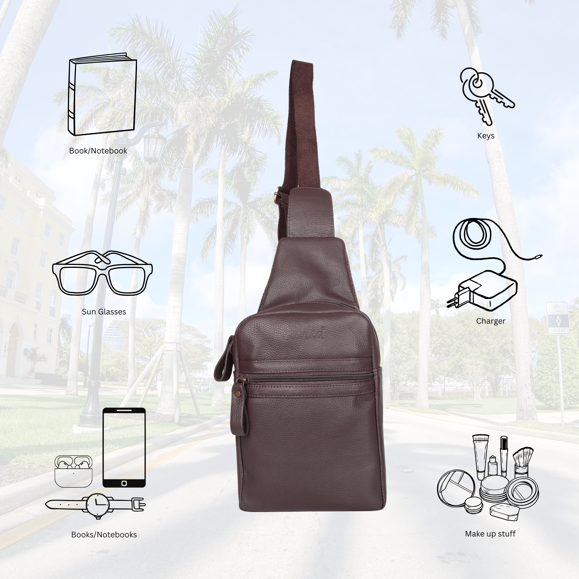 Premium Leather  Fanny Sling Bag For Women Men Chest Pack Crossbody Shoulder Belt Bags Travel-Brown