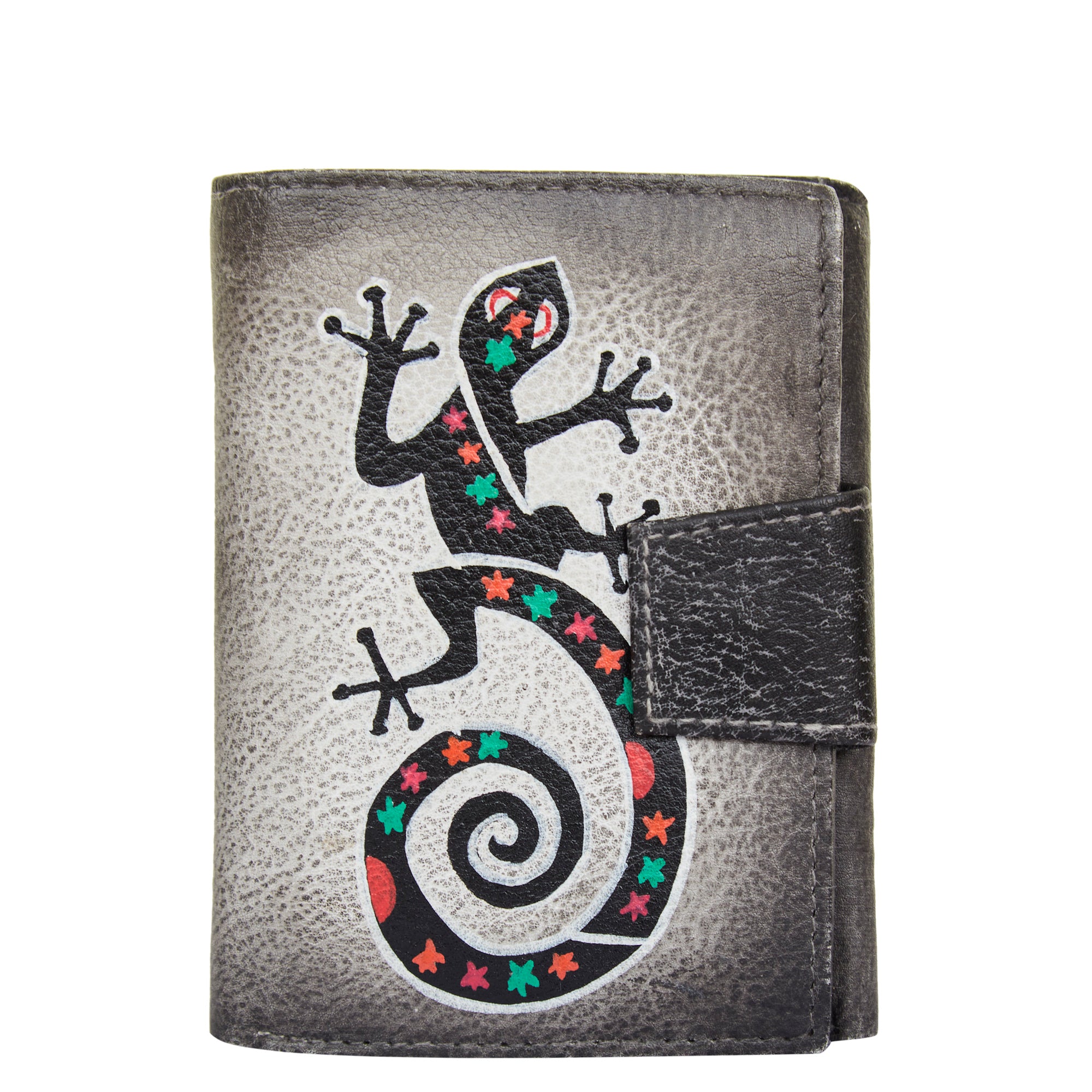 Hand-painted trifold wallet for women with a Black Lizard design